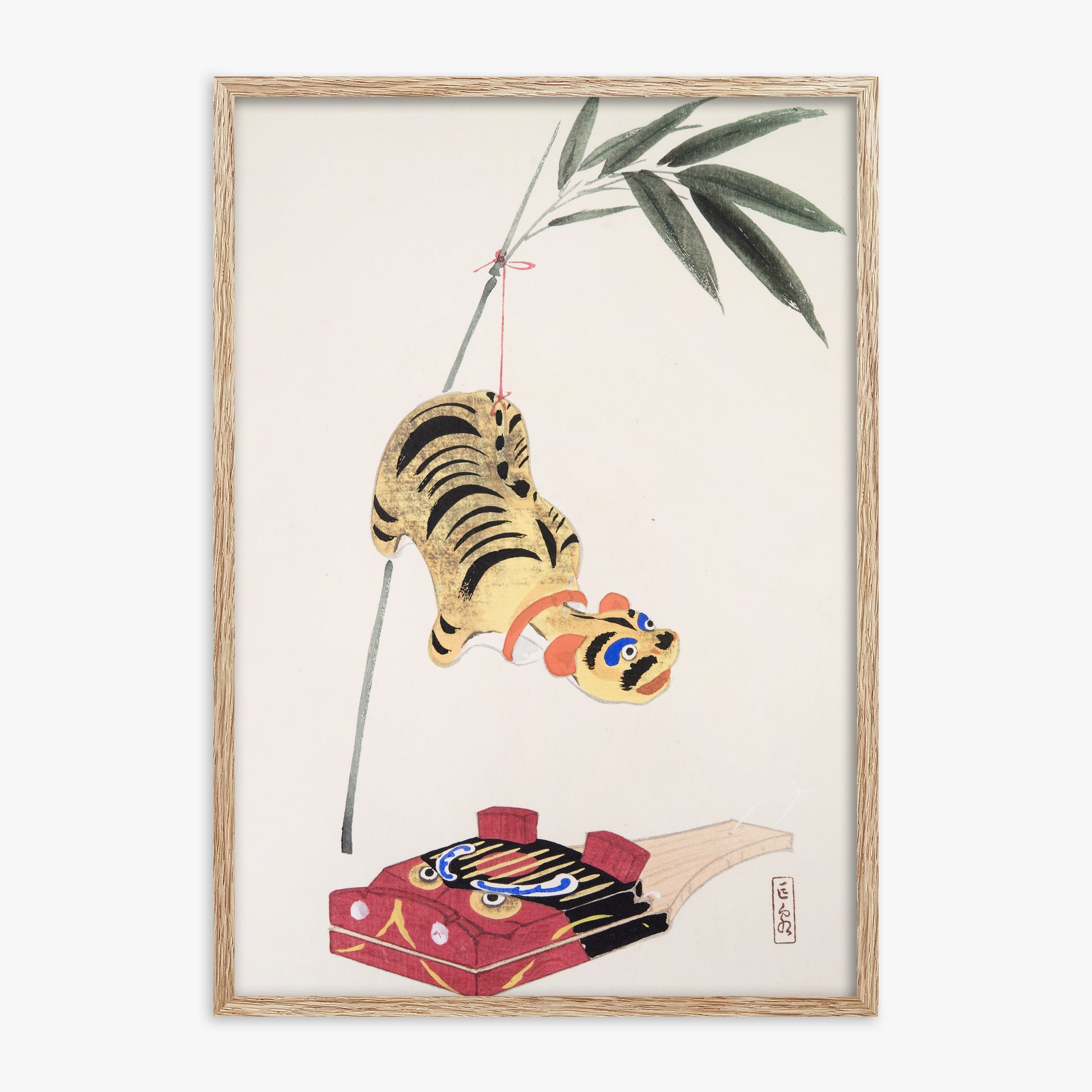 Kawasaki Kyosen: Kyosen’s Collected Illustrations of Japanese Toys Nr. 98 ("Golden Tiger Swing"), 70x100cm Framed Art Reproduction With Raw Oak Frame