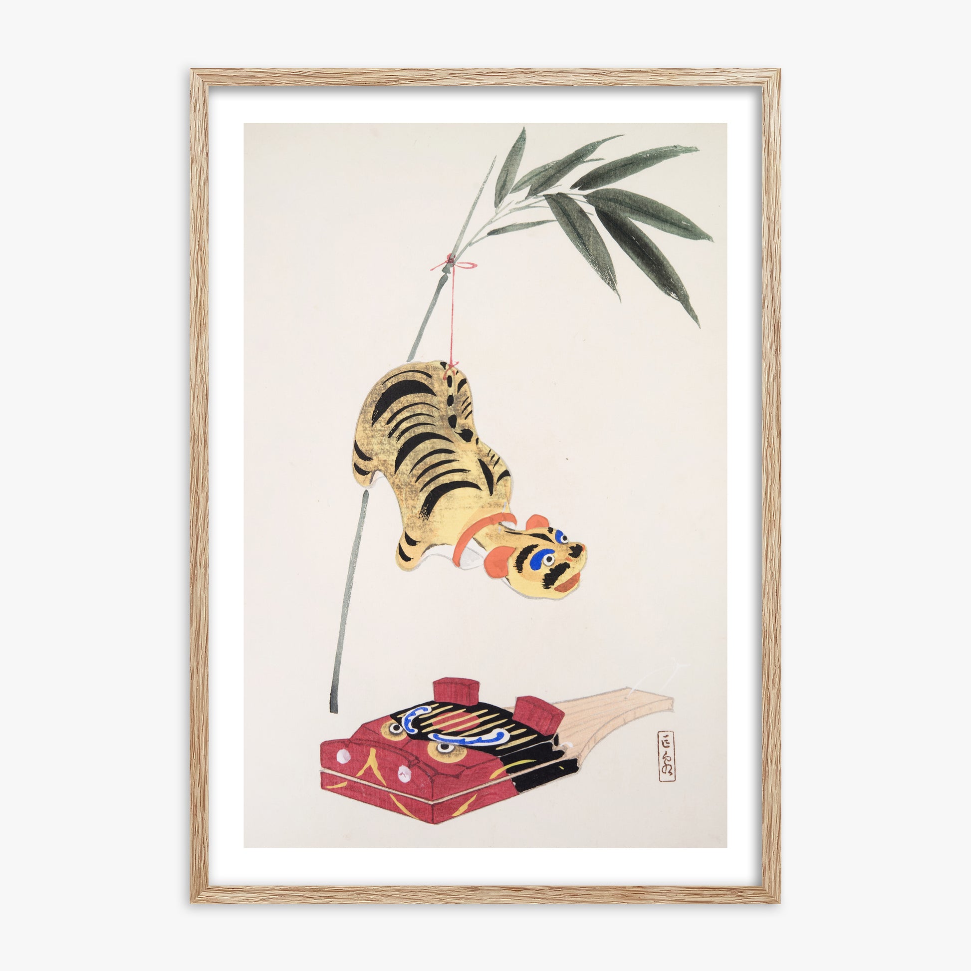 Kawasaki Kyosen: Kyosen’s Collected Illustrations of Japanese Toys Nr. 98 ("Golden Tiger Swing"), 70x100cm Framed Art Reproduction With Raw Oak Frame