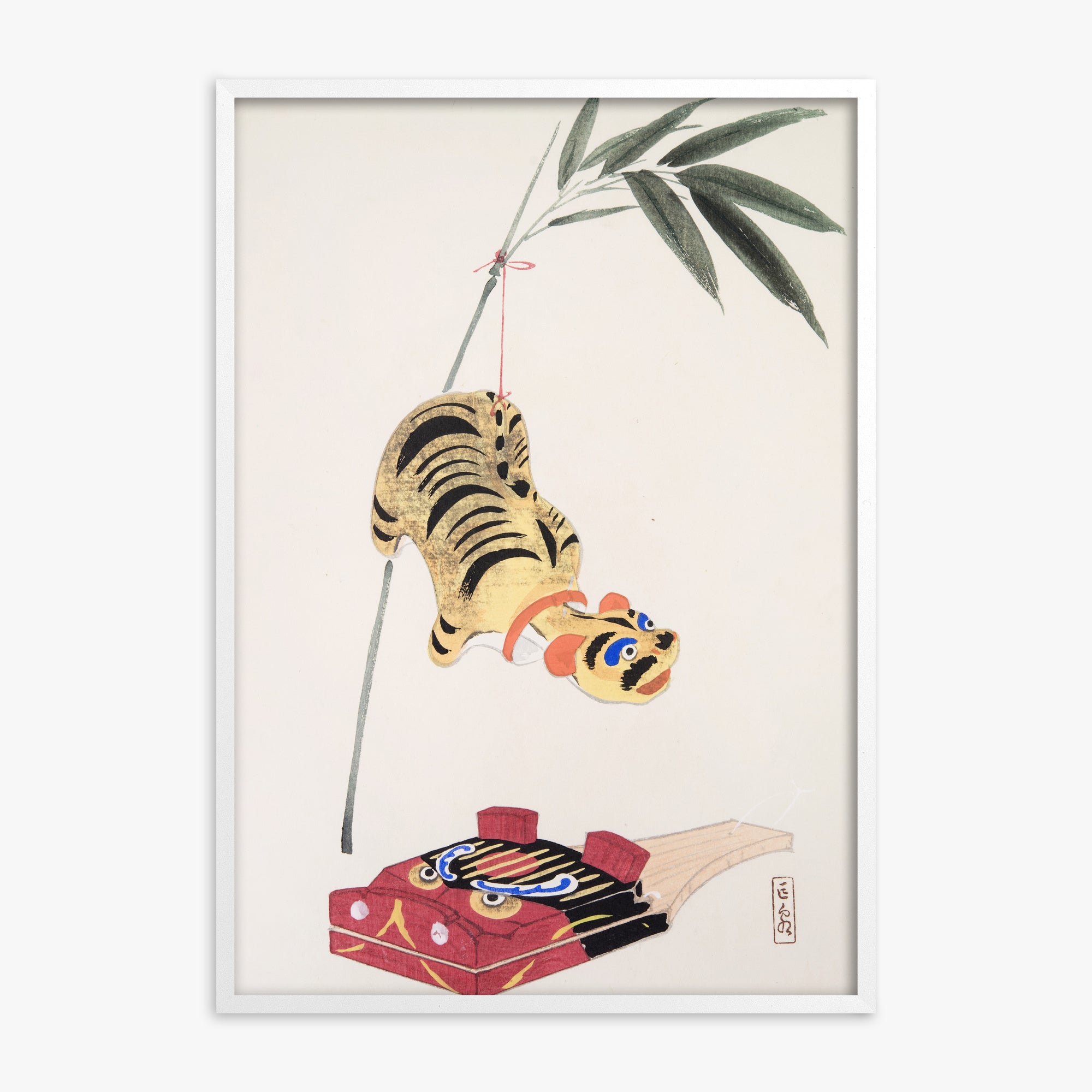 Kawasaki Kyosen: Kyosen’s Collected Illustrations of Japanese Toys Nr. 98 ("Golden Tiger Swing"), White Framed Art Reproduction With White Frame