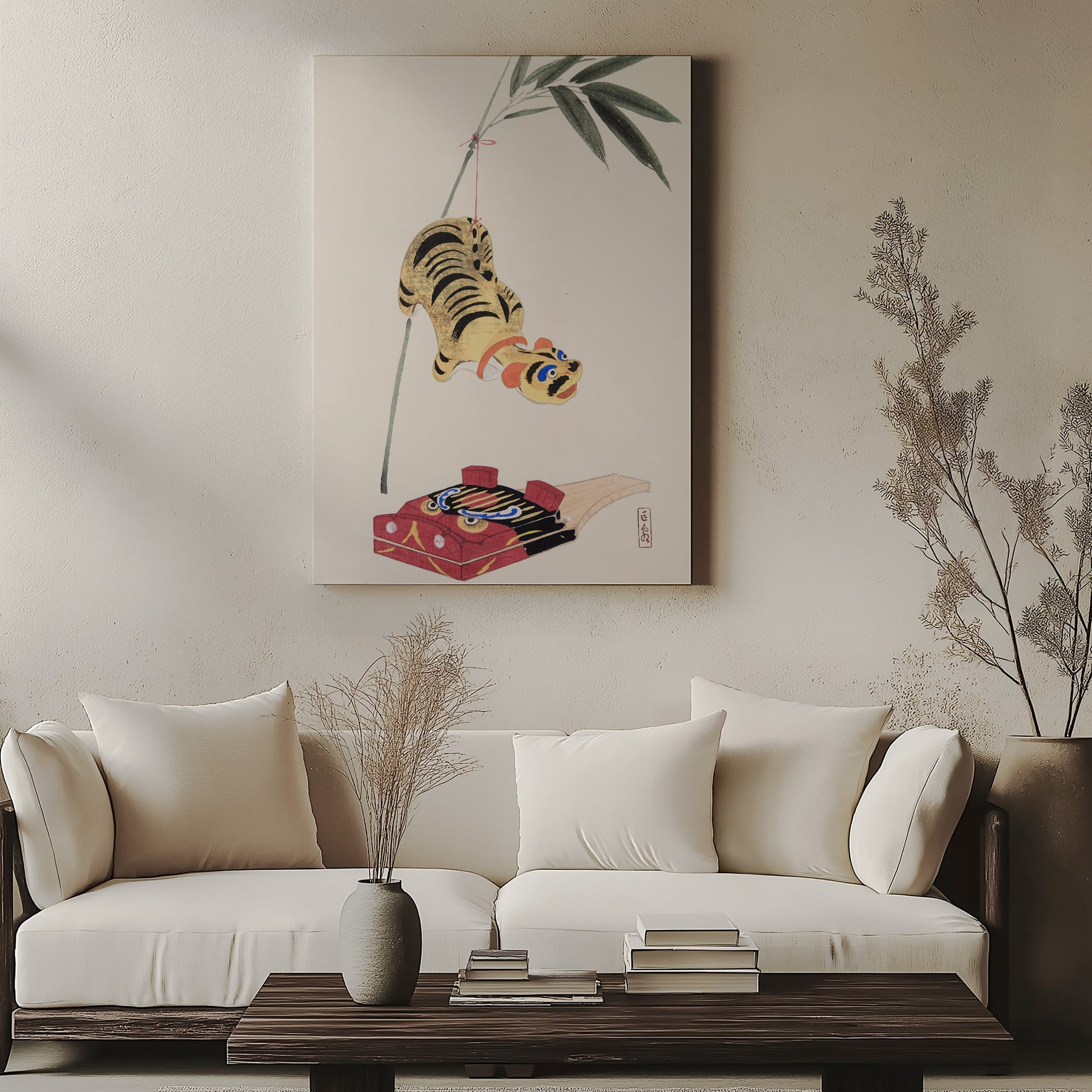 Design Concept No. 57 for Kawasaki Kyosen: Kyosen’s Collected Illustrations of Japanese Toys Nr. 98 ("Golden Tiger Swing") Japanese Satin Canvas Wall Art