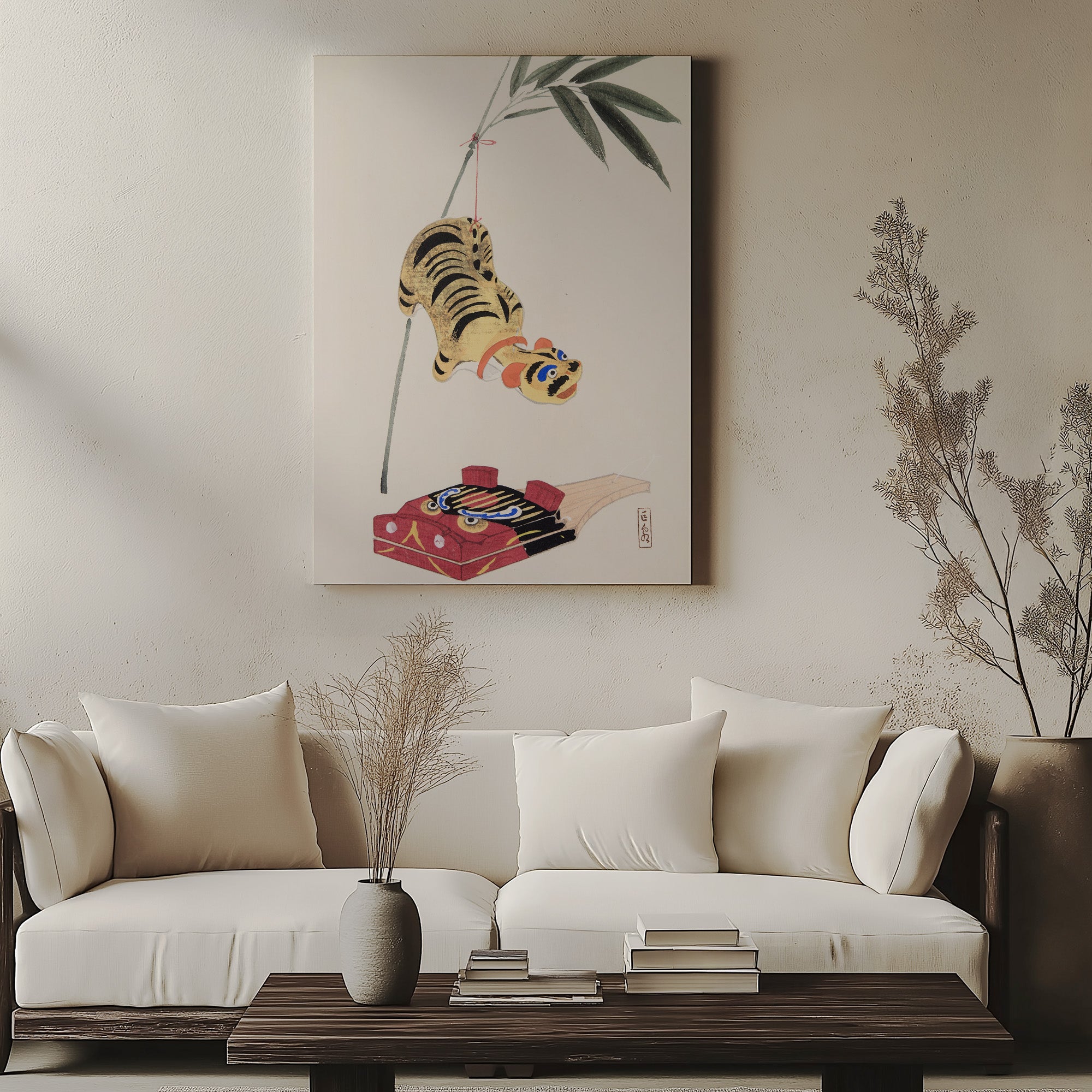 Design Concept No. 57 for Kawasaki Kyosen: Kyosen’s Collected Illustrations of Japanese Toys Nr. 98 ("Golden Tiger Swing") Japanese Satin Canvas Wall Art