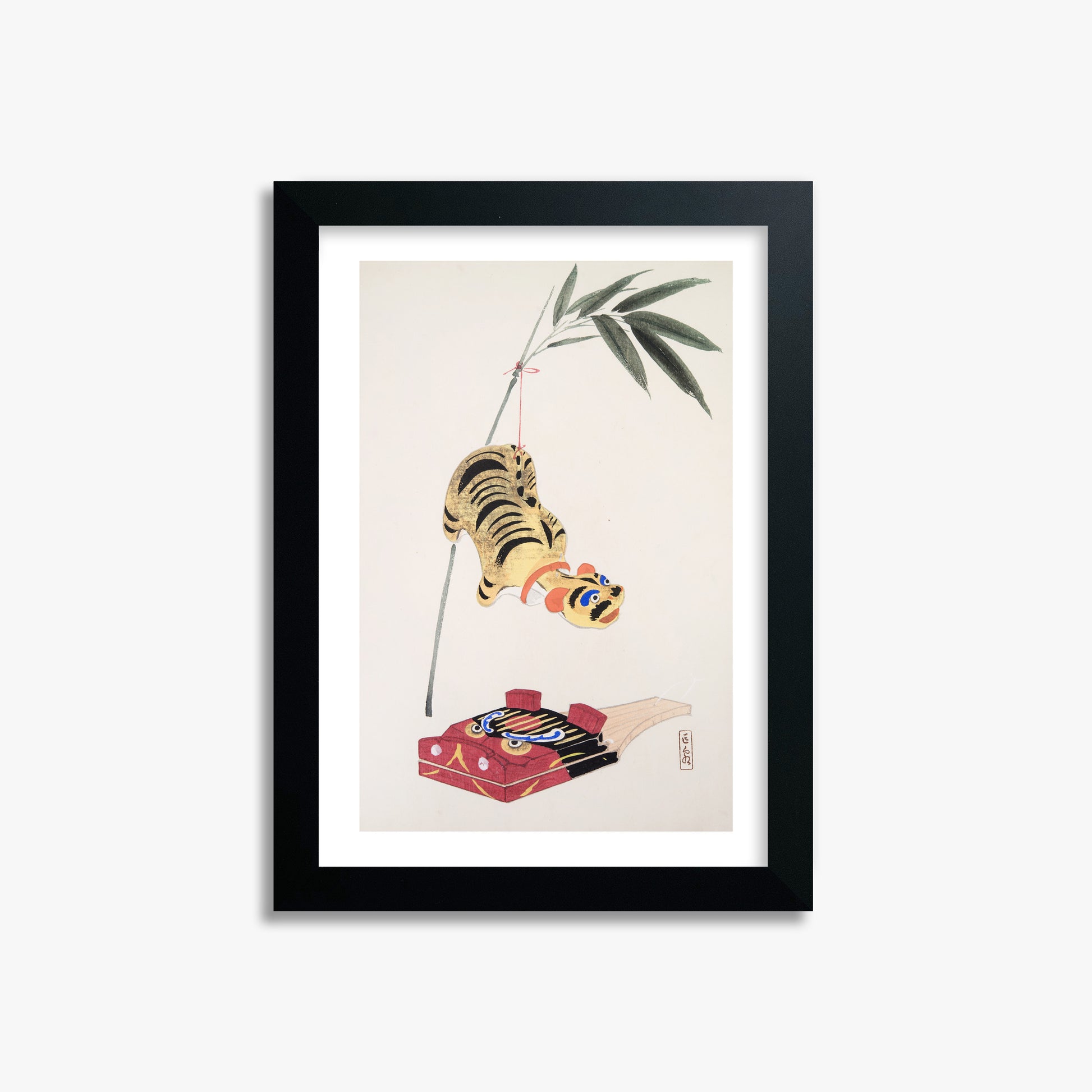 Kawasaki Kyosen: Kyosen’s Collected Illustrations of Japanese Toys Nr. 98 ("Golden Tiger Swing"), 21x30cm Black Framed Art Reproduction