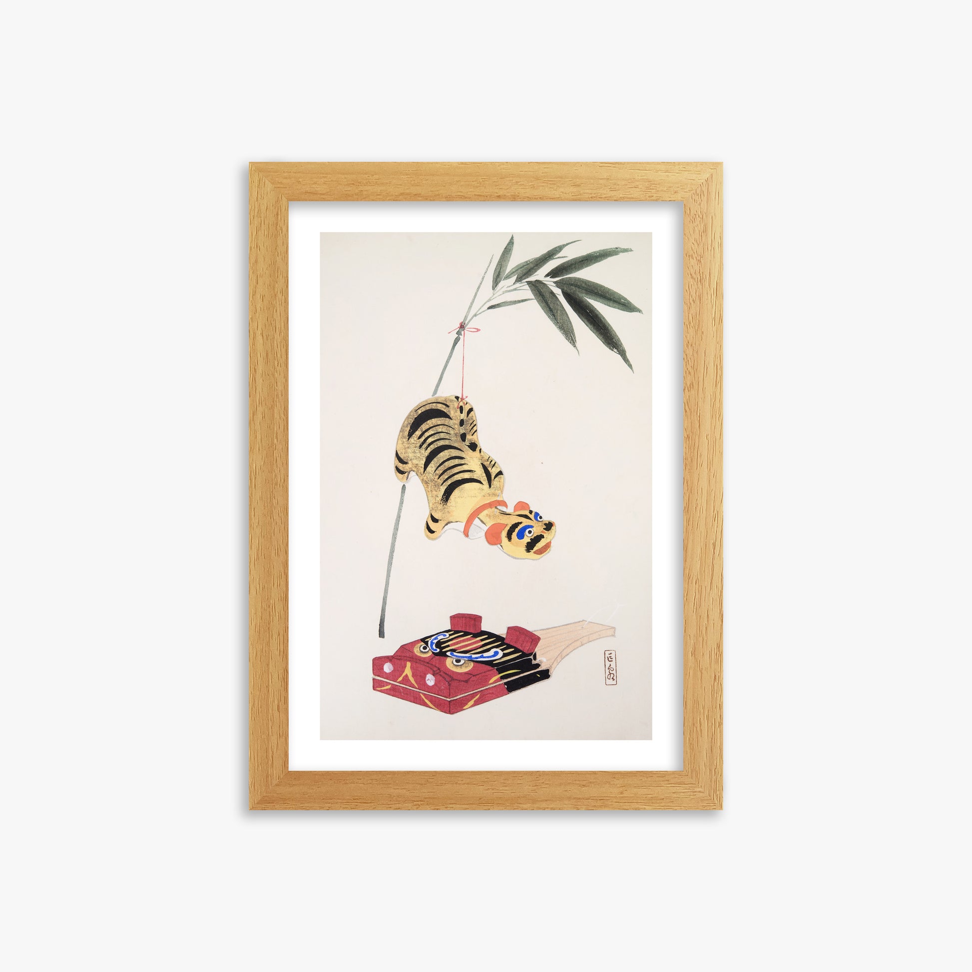 Kawasaki Kyosen: Kyosen’s Collected Illustrations of Japanese Toys Nr. 98 ("Golden Tiger Swing"), 21x30cm Oak Framed Art Reproduction