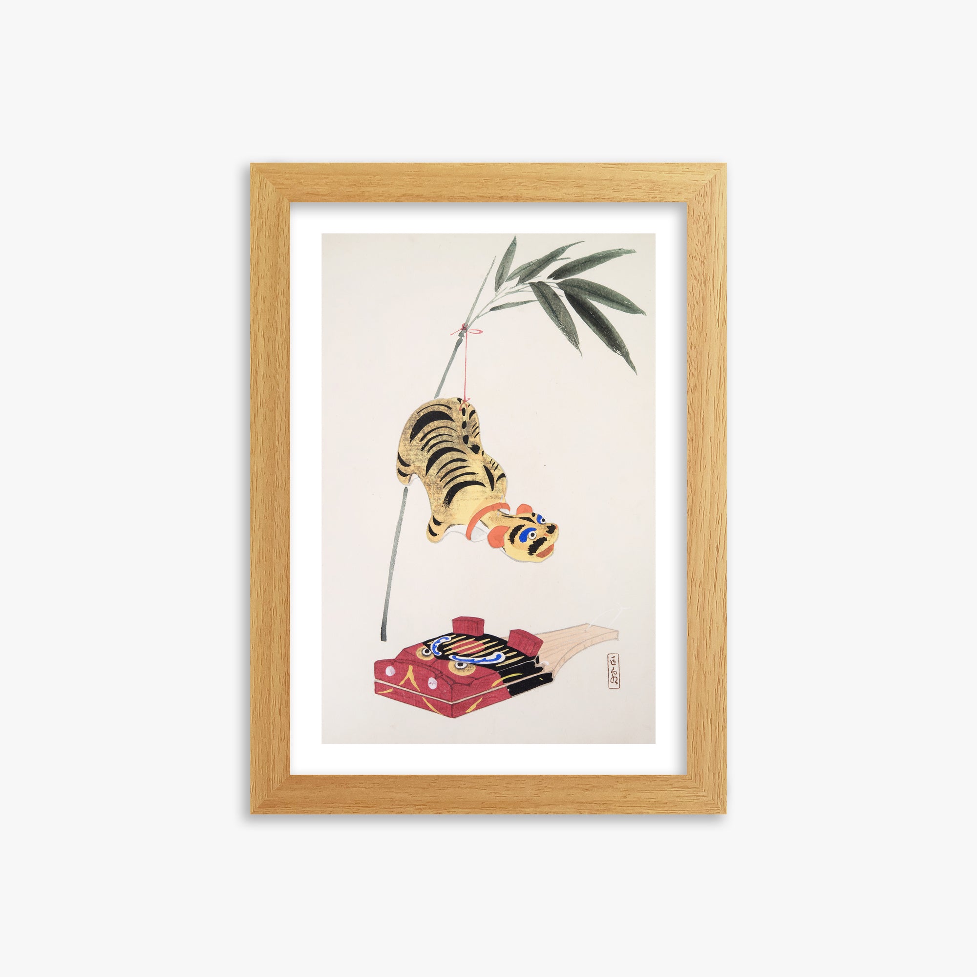 Kawasaki Kyosen: Kyosen’s Collected Illustrations of Japanese Toys Nr. 98 ("Golden Tiger Swing"), 21x30cm Oak Framed Art Reproduction