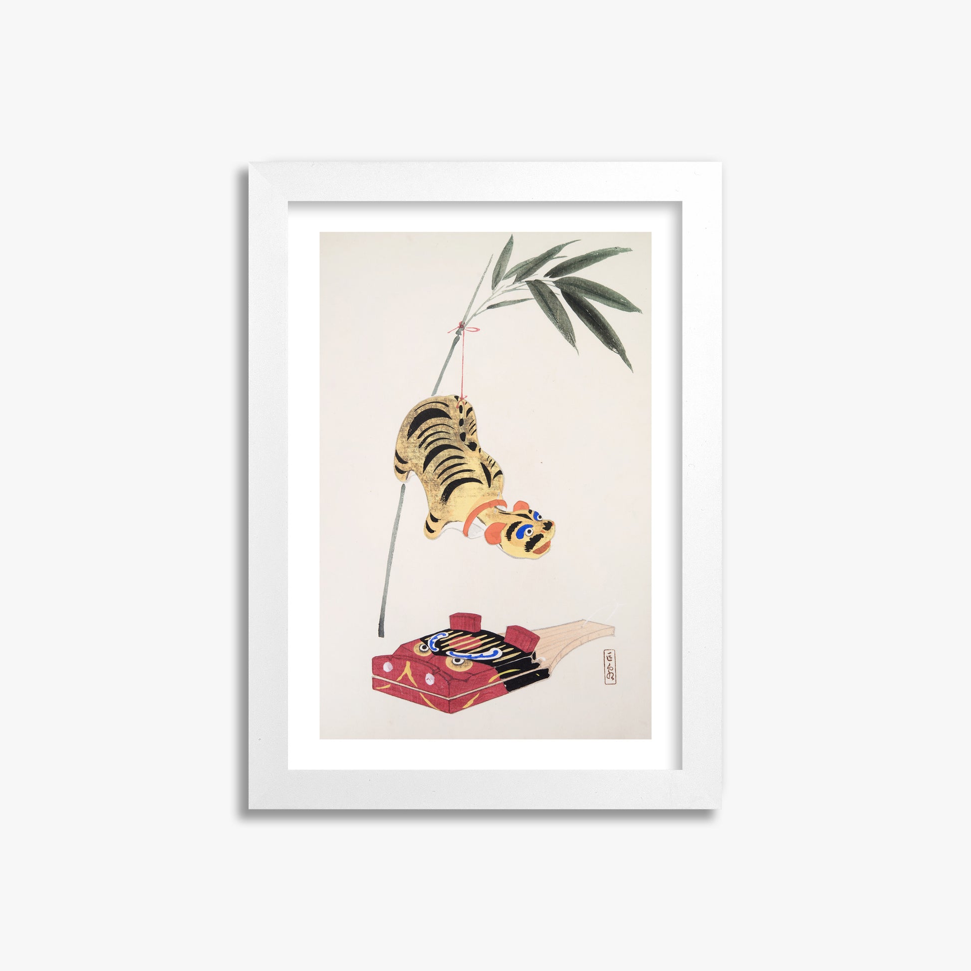 Kawasaki Kyosen: Kyosen’s Collected Illustrations of Japanese Toys Nr. 98 ("Golden Tiger Swing"), 21x30cm Whitek Framed Art Reproduction