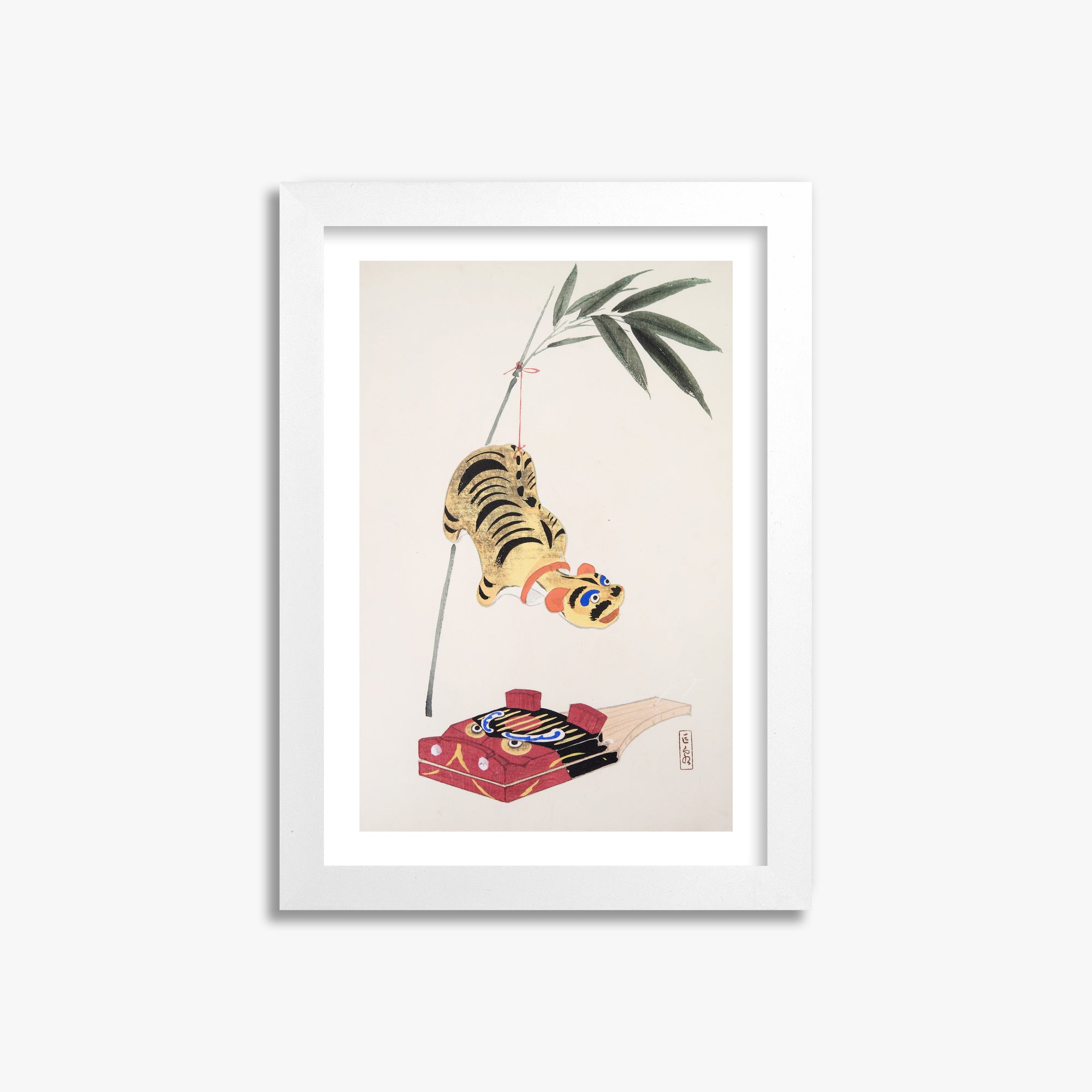 Kawasaki Kyosen: Kyosen’s Collected Illustrations of Japanese Toys Nr. 98 ("Golden Tiger Swing"), 21x30cm Whitek Framed Art Reproduction