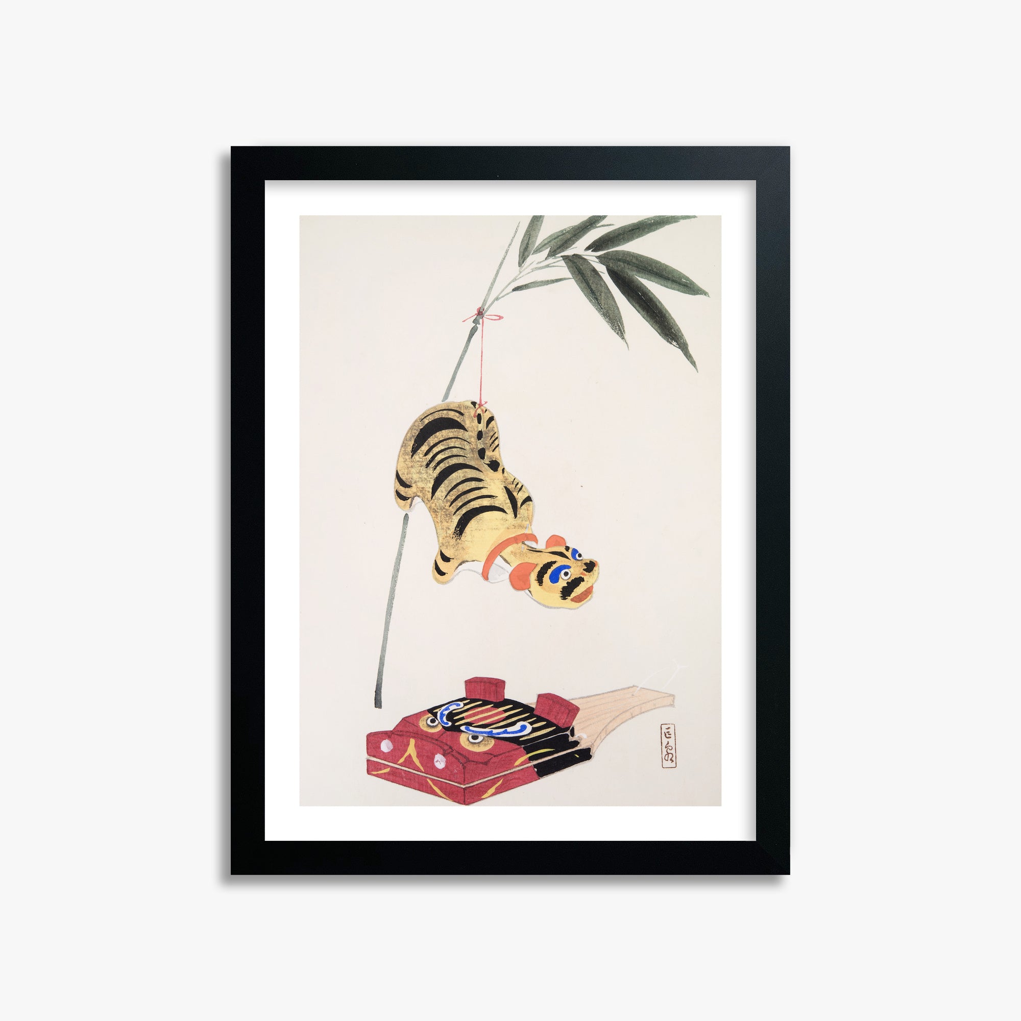 Kawasaki Kyosen: Kyosen’s Collected Illustrations of Japanese Toys Nr. 98 ("Golden Tiger Swing"), 30x40cm Black Framed Art Reproduction
