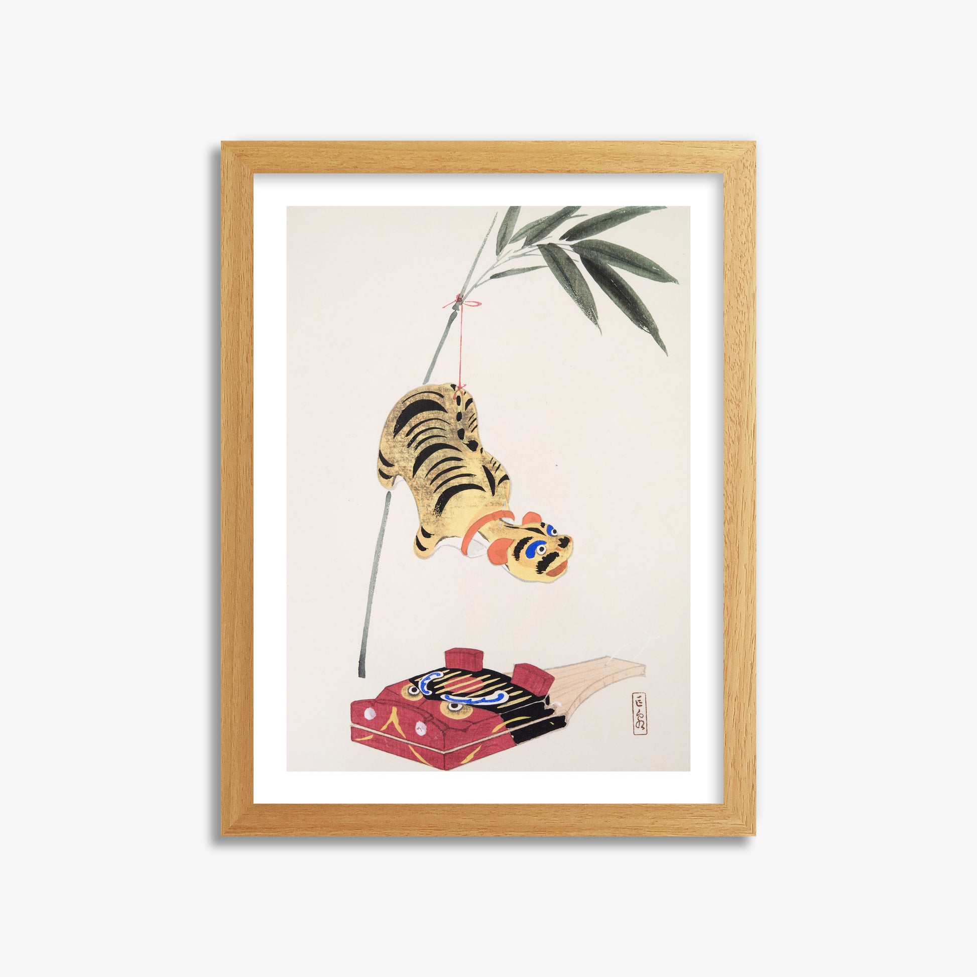 Kawasaki Kyosen: Kyosen’s Collected Illustrations of Japanese Toys Nr. 98 ("Golden Tiger Swing"), 30x40cm Oak Framed Art Reproduction