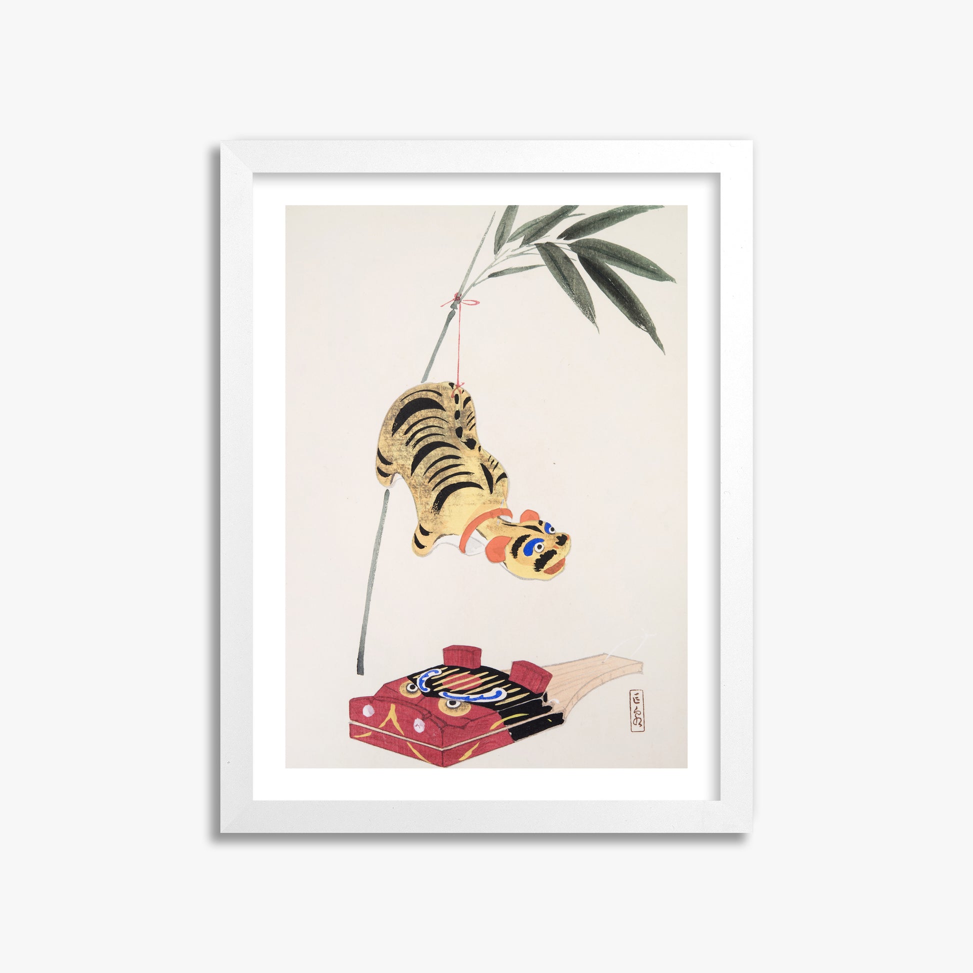 Kawasaki Kyosen: Kyosen’s Collected Illustrations of Japanese Toys Nr. 98 ("Golden Tiger Swing"), 30x40cm Whitek Framed Art Reproduction