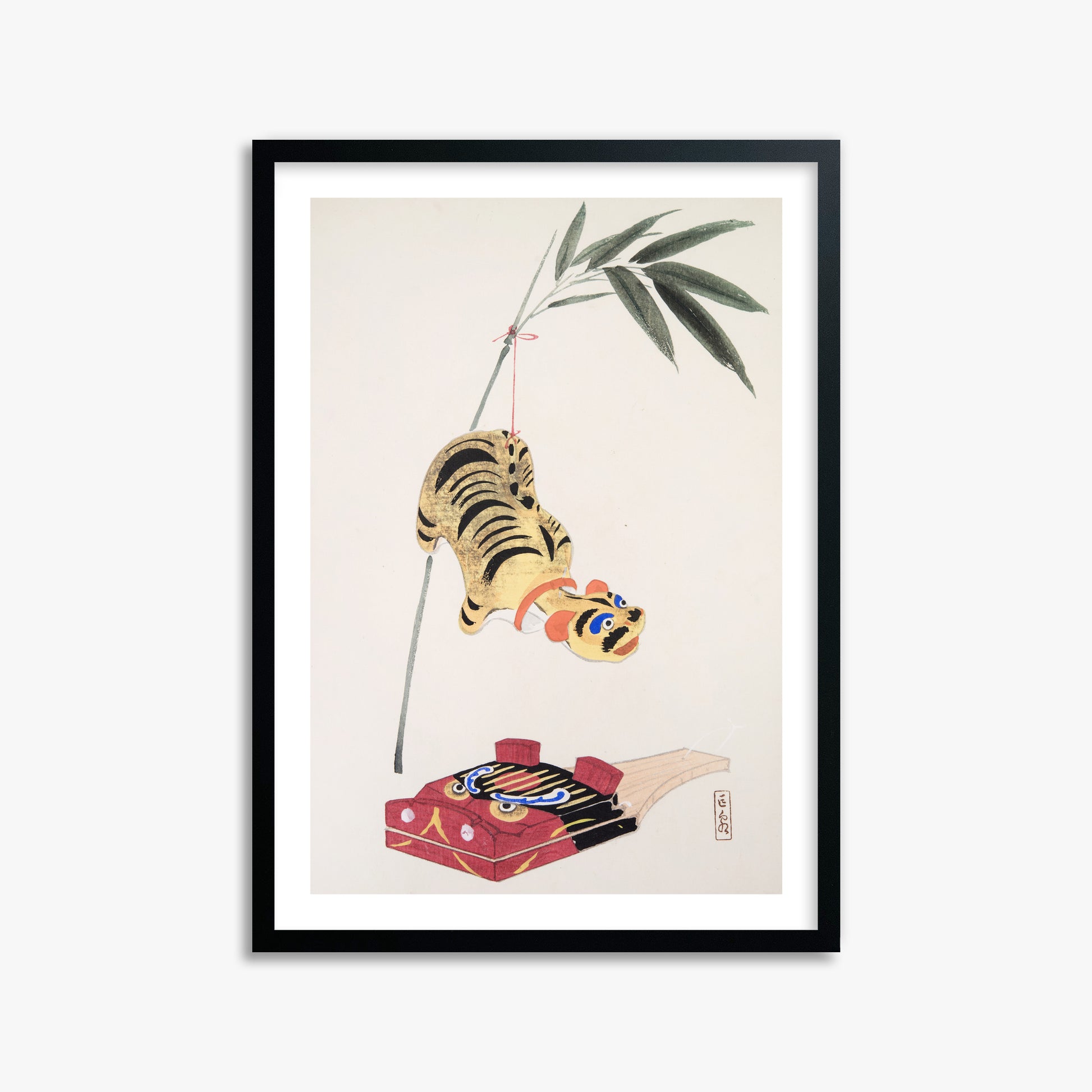 Kawasaki Kyosen: Kyosen’s Collected Illustrations of Japanese Toys Nr. 98 ("Golden Tiger Swing"), 50x70cm Black Framed Art Reproduction