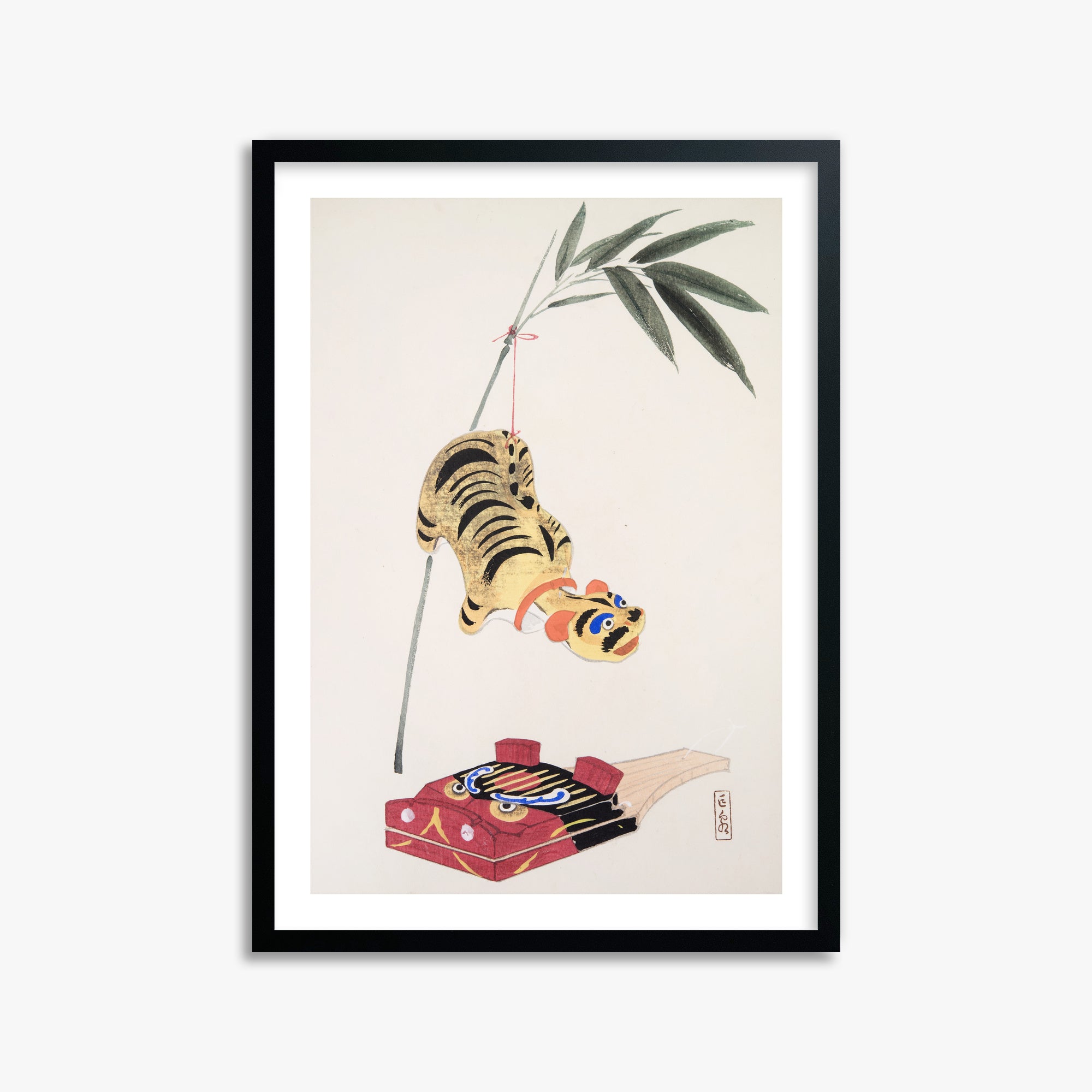 Kawasaki Kyosen: Kyosen’s Collected Illustrations of Japanese Toys Nr. 98 ("Golden Tiger Swing"), 50x70cm Black Framed Art Reproduction