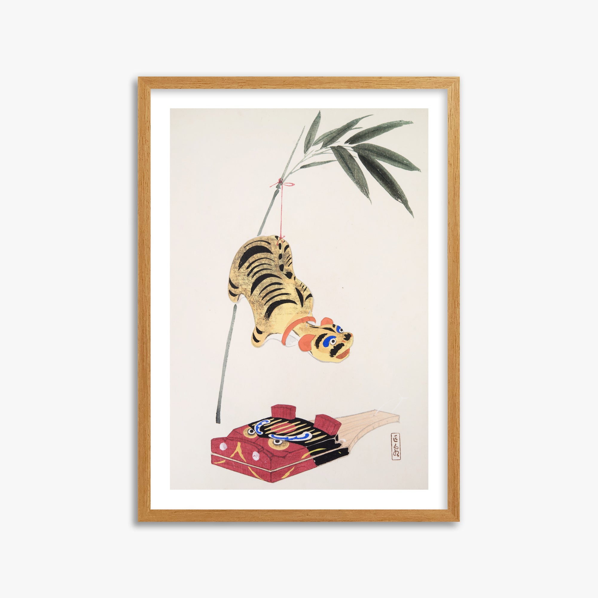 Kawasaki Kyosen: Kyosen’s Collected Illustrations of Japanese Toys Nr. 98 ("Golden Tiger Swing"), 50x70cm Oak Framed Art Reproduction