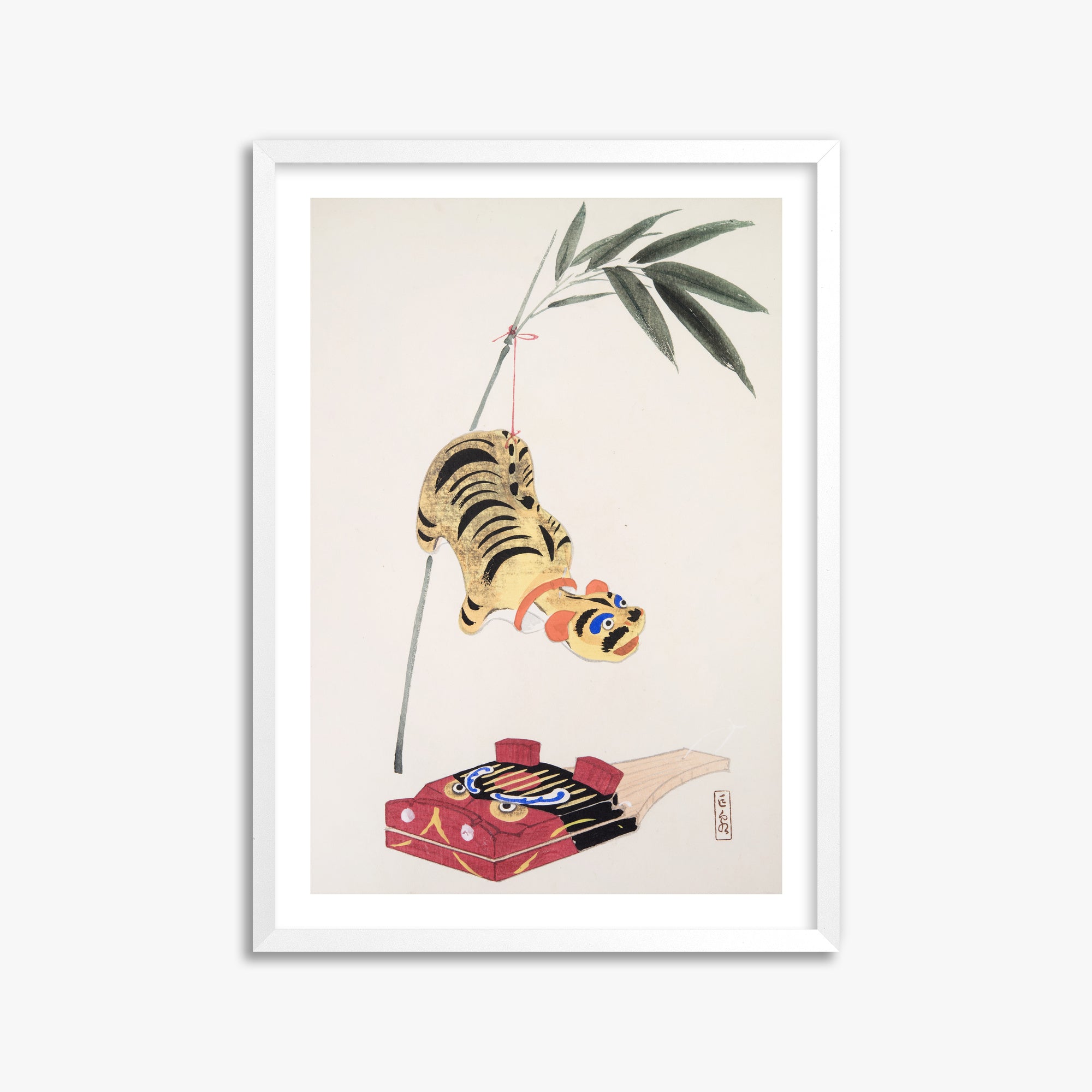 Kawasaki Kyosen: Kyosen’s Collected Illustrations of Japanese Toys Nr. 98 ("Golden Tiger Swing"), 50x70cm Whitek Framed Art Reproduction