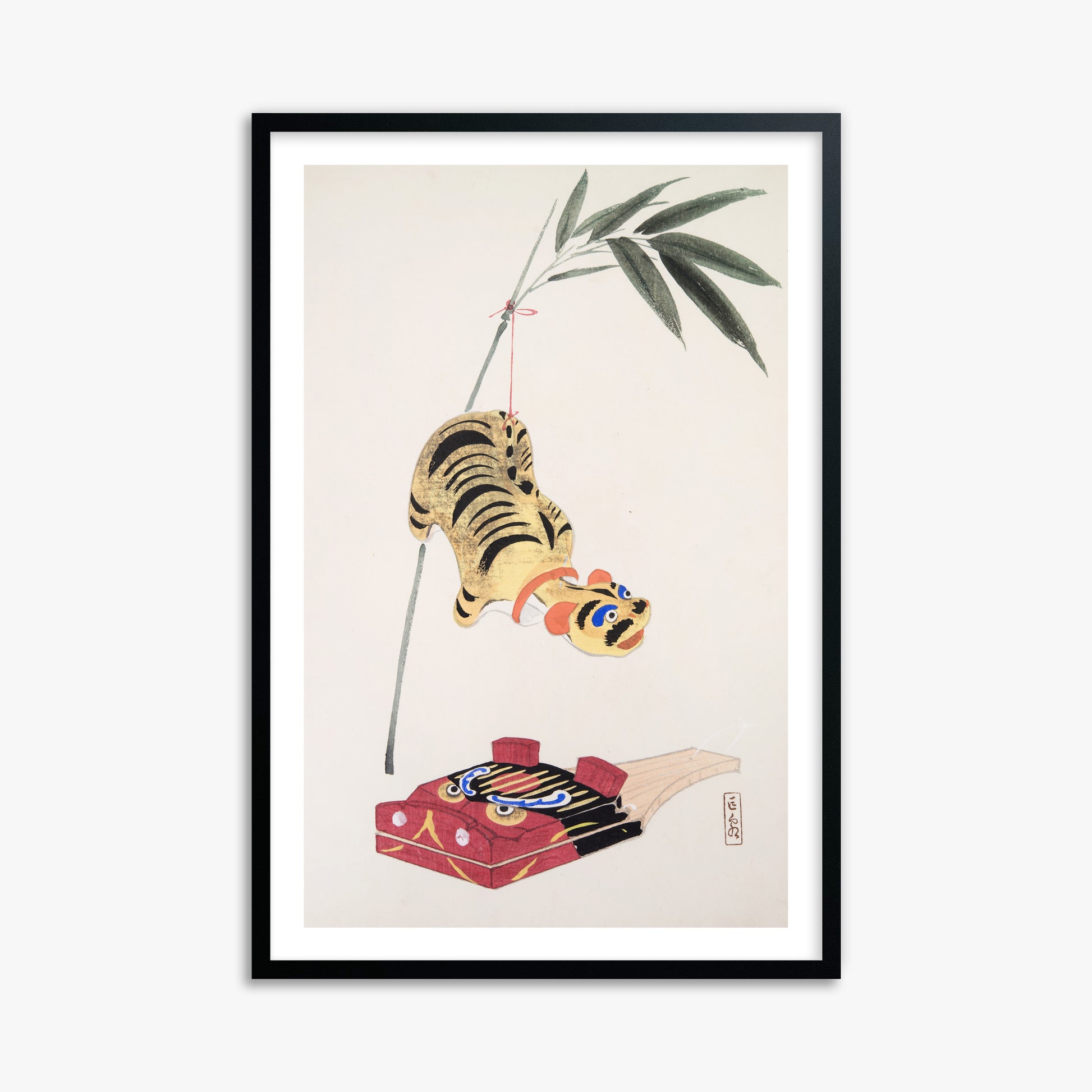 Kawasaki Kyosen: Kyosen’s Collected Illustrations of Japanese Toys Nr. 98 ("Golden Tiger Swing"), 61x91cm Black Framed Art Reproduction