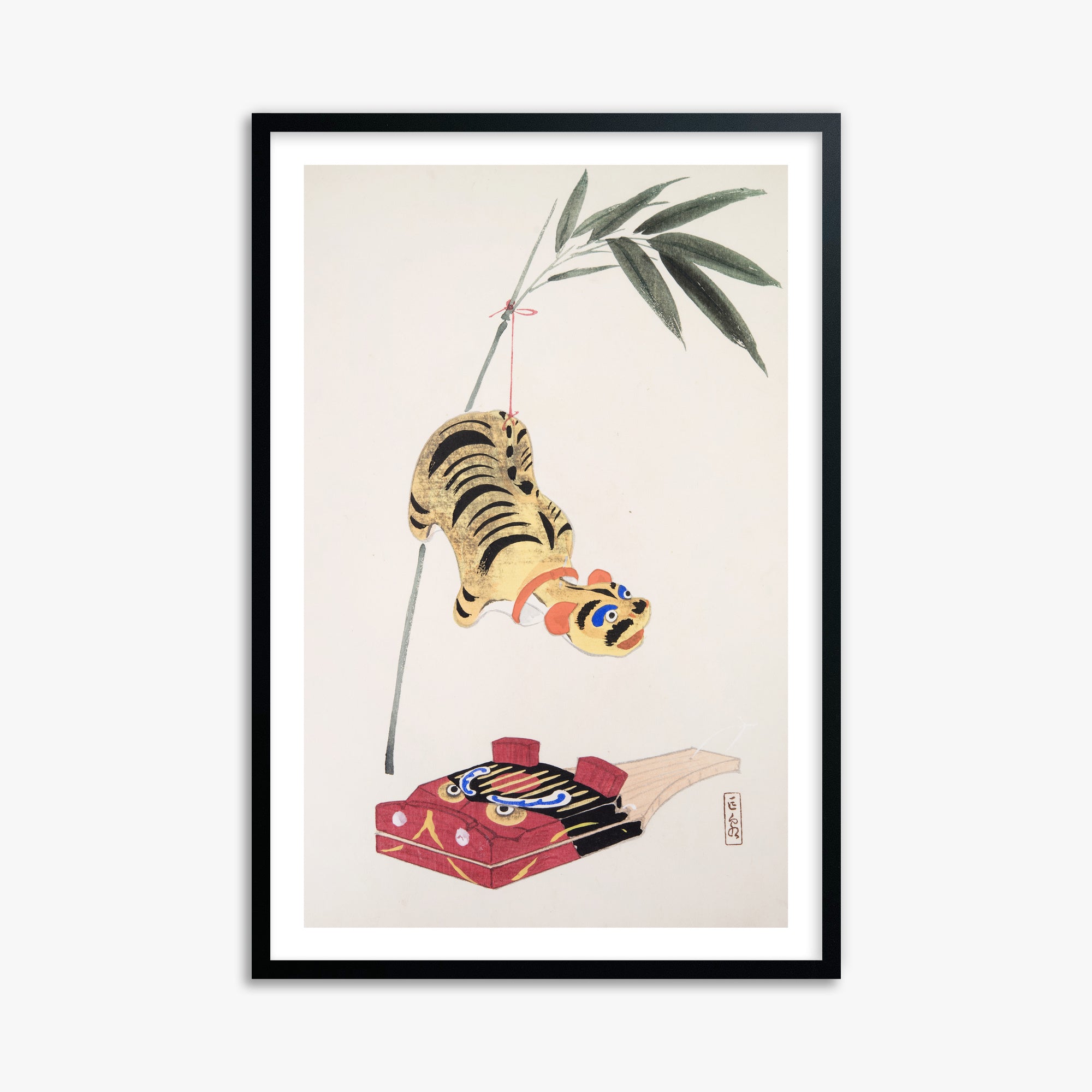 Kawasaki Kyosen: Kyosen’s Collected Illustrations of Japanese Toys Nr. 98 ("Golden Tiger Swing"), 61x91cm Black Framed Art Reproduction