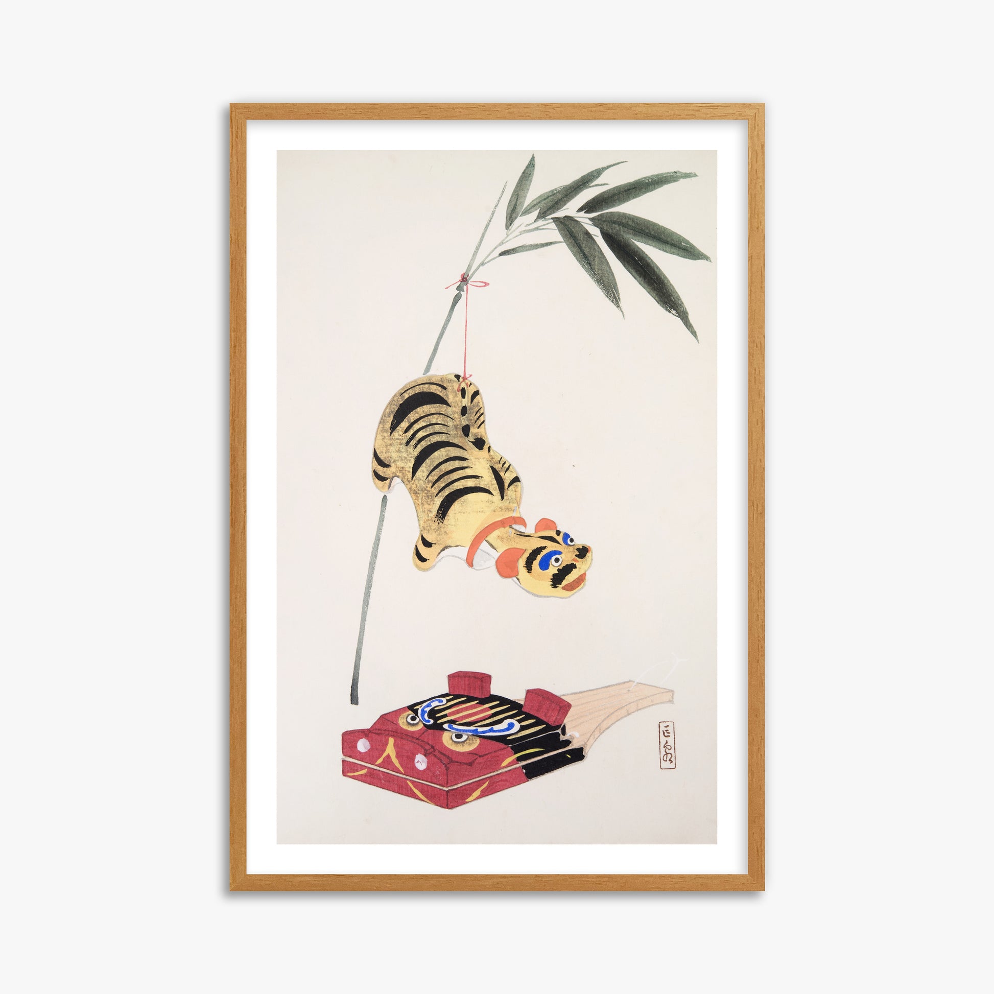 Kawasaki Kyosen: Kyosen’s Collected Illustrations of Japanese Toys Nr. 98 ("Golden Tiger Swing"), 61x91cm Oak Framed Art Reproduction