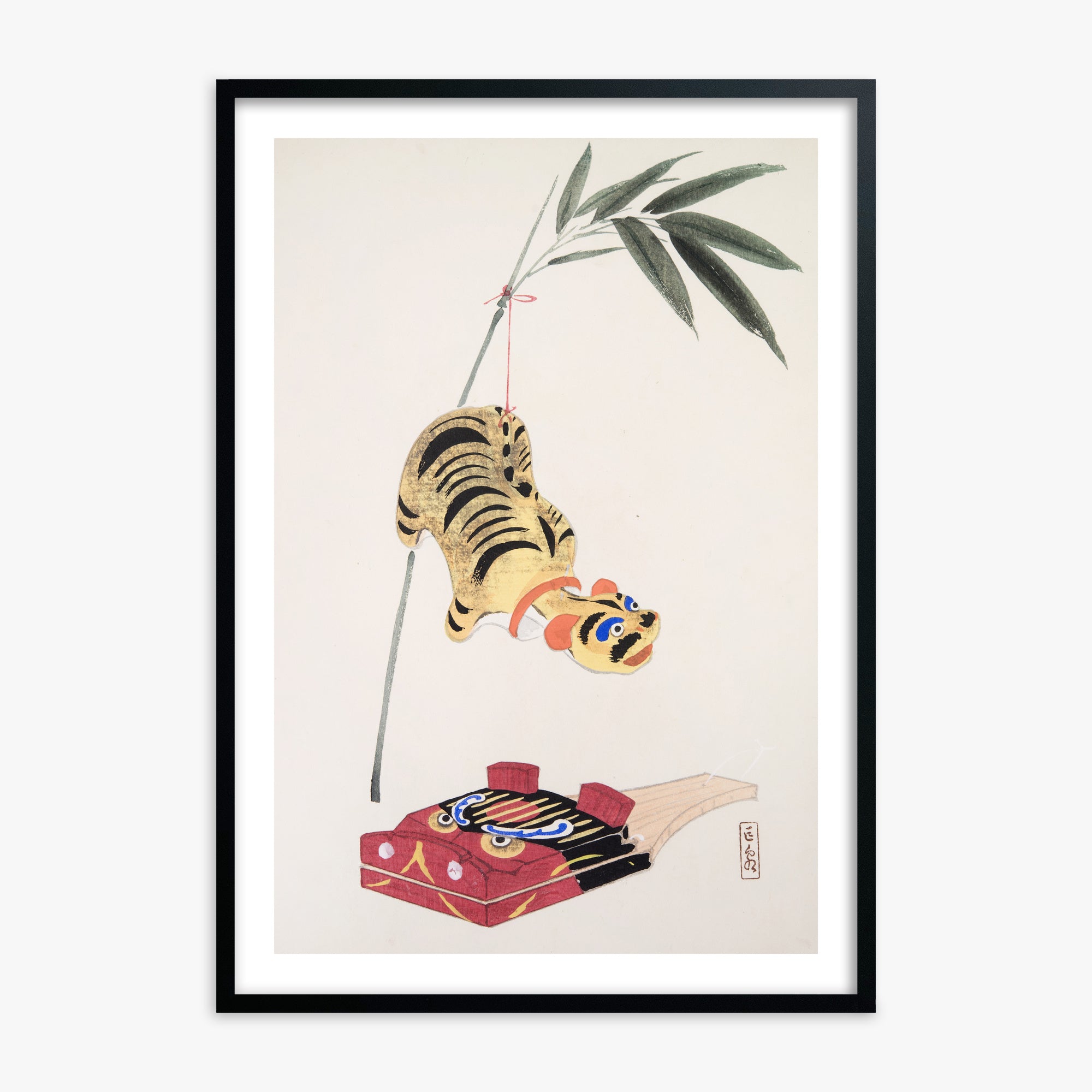 Kawasaki Kyosen: Kyosen’s Collected Illustrations of Japanese Toys Nr. 98 ("Golden Tiger Swing"), 70x100cm Black Framed Art Reproduction