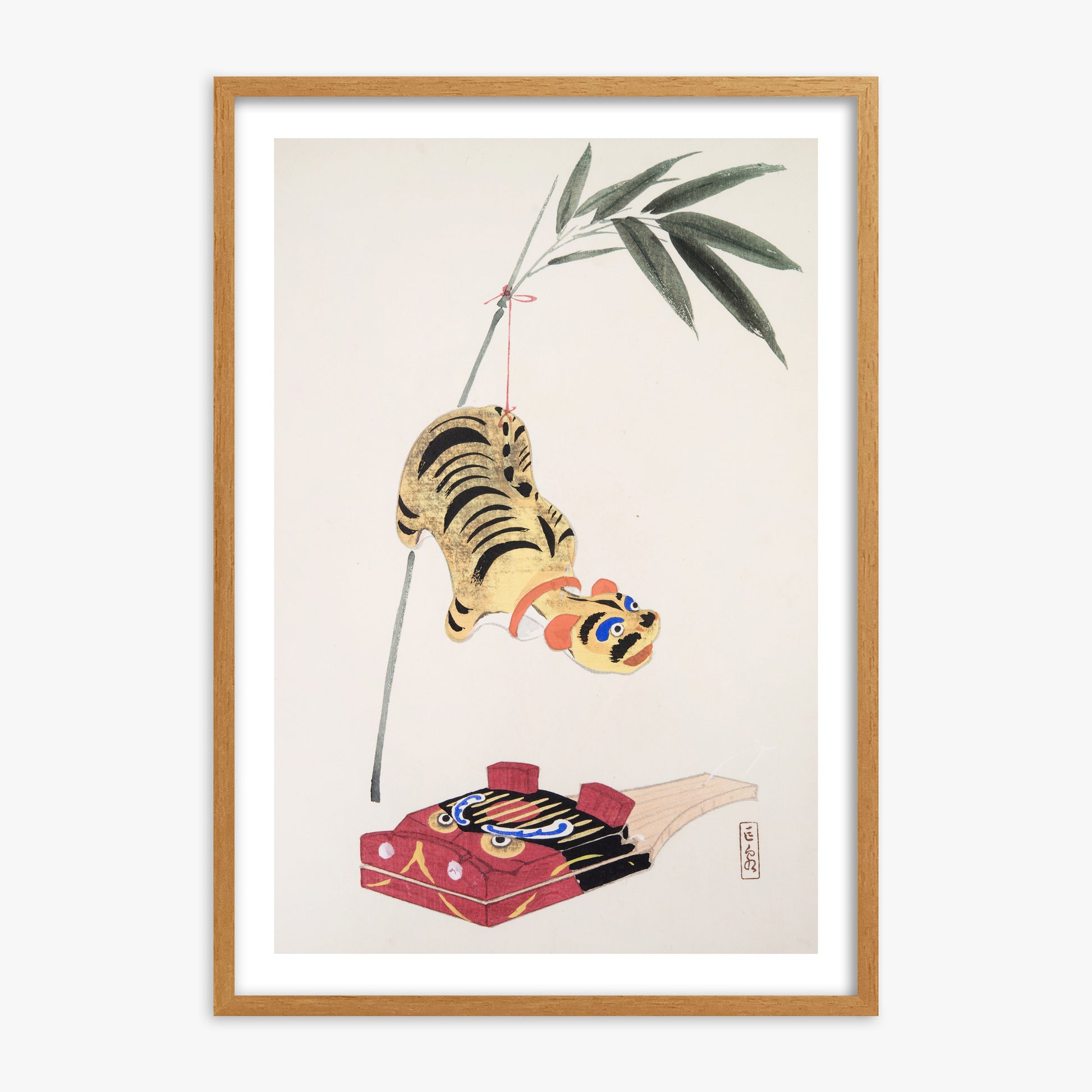 Kawasaki Kyosen: Kyosen’s Collected Illustrations of Japanese Toys Nr. 98 ("Golden Tiger Swing"), 70x100cm Oak Framed Art Reproduction
