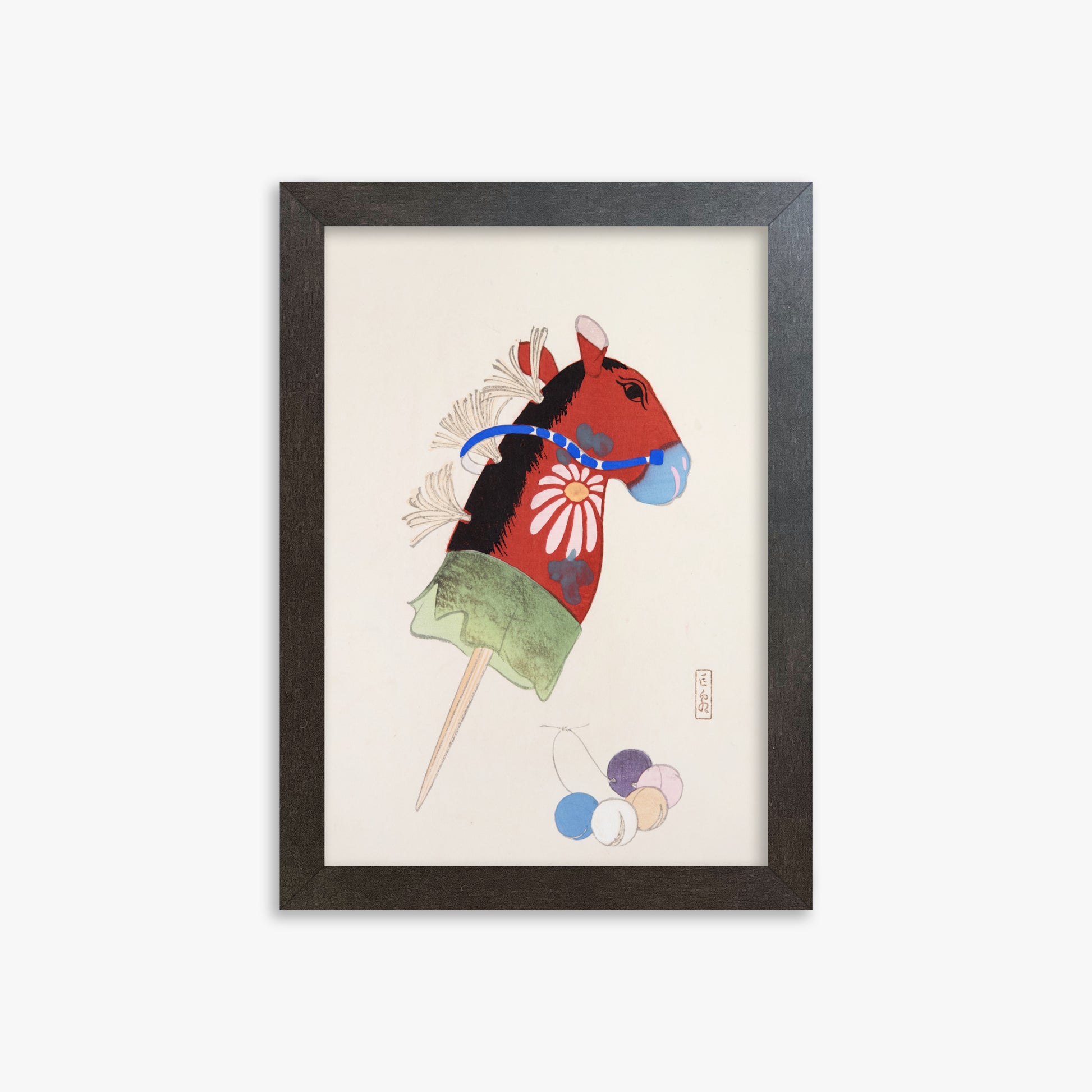 Kawasaki Kyosen: Kyosen’s Collected Illustrations of Japanese Toys Nr. 99 ("Folk Hobby Horse"), 21x30cm Framed Art Reproduction With Espresso Frame