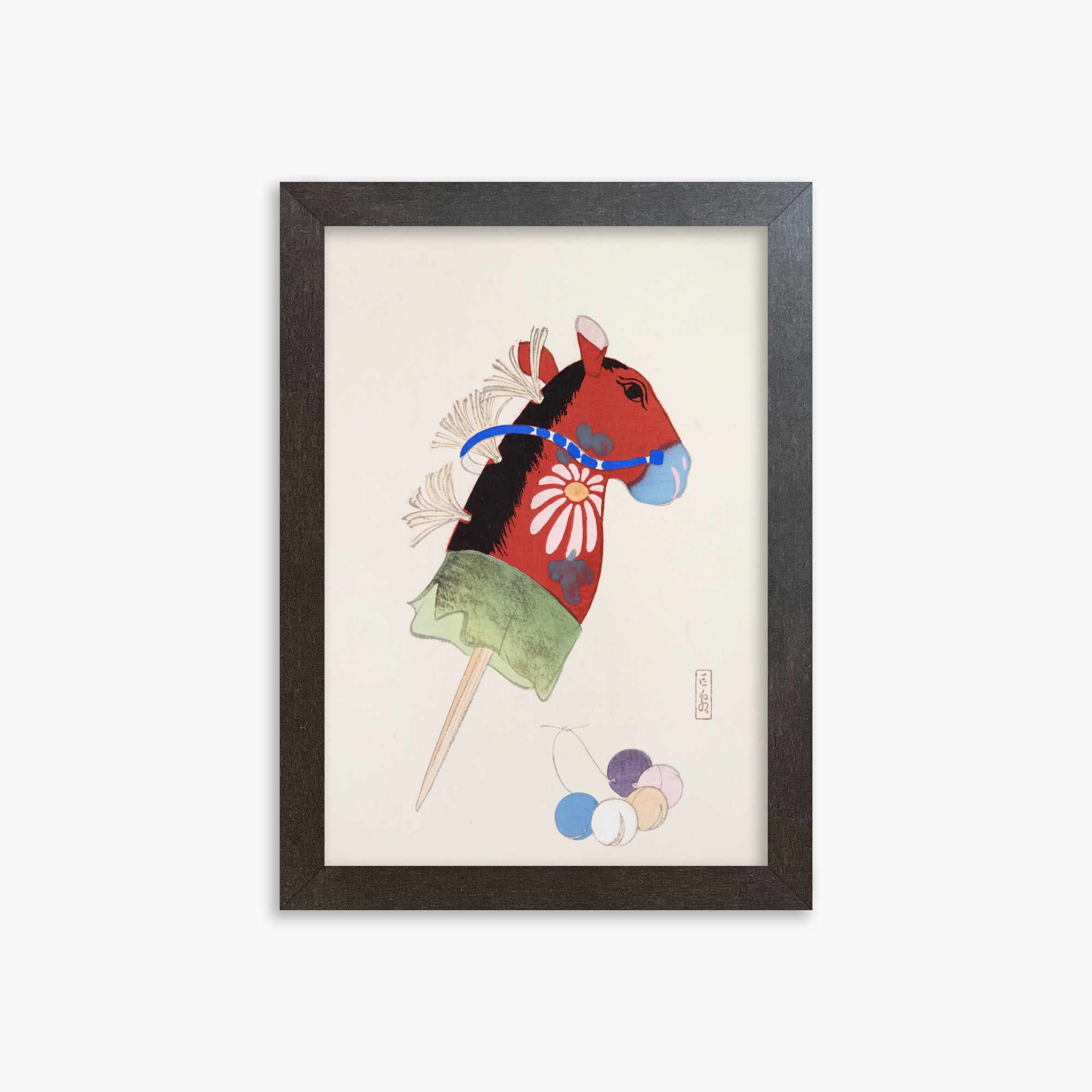 Kawasaki Kyosen: Kyosen’s Collected Illustrations of Japanese Toys Nr. 99 ("Folk Hobby Horse"), 21x30cm Framed Art Reproduction With Espresso Frame