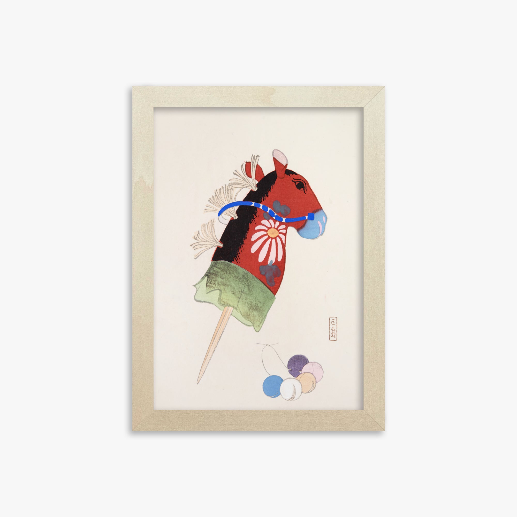 Kawasaki Kyosen: Kyosen’s Collected Illustrations of Japanese Toys Nr. 99 ("Folk Hobby Horse"), 21x30cm Framed Art Reproduction With Lime Wood Frame