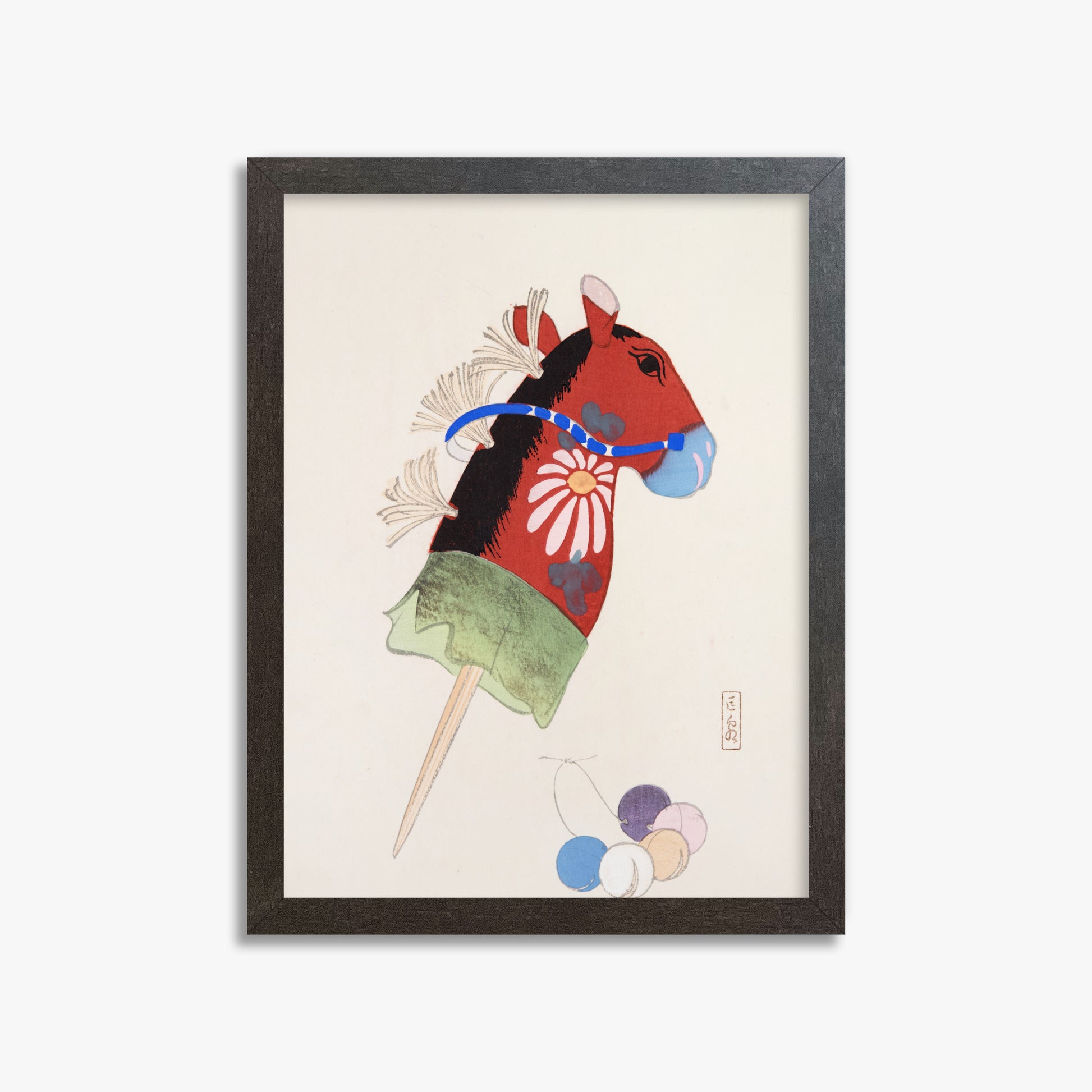 Kawasaki Kyosen: Kyosen’s Collected Illustrations of Japanese Toys Nr. 99 ("Folk Hobby Horse"), 30x40cm Framed Art Reproduction With Espresso Frame