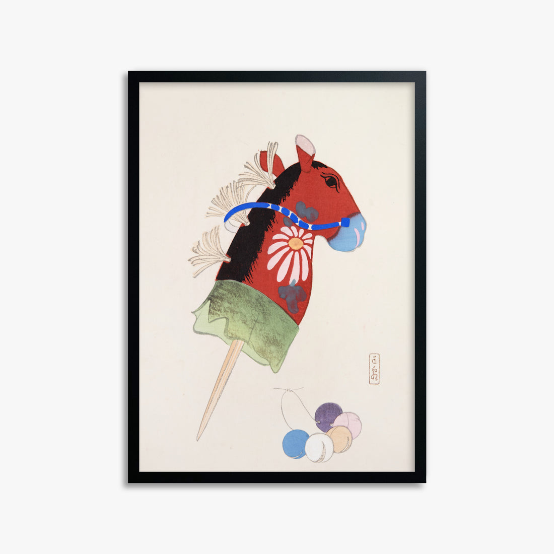 Kawasaki Kyosen: Kyosen’s Collected Illustrations of Japanese Toys Nr. 99 ("Folk Hobby Horse"), 50x70cm Framed Art Reproduction With Black Frame