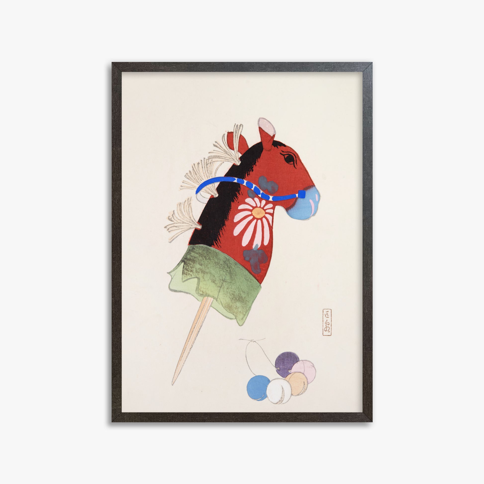 Kawasaki Kyosen: Kyosen’s Collected Illustrations of Japanese Toys Nr. 99 ("Folk Hobby Horse"), 50x70cm Framed Art Reproduction With Espresso Frame