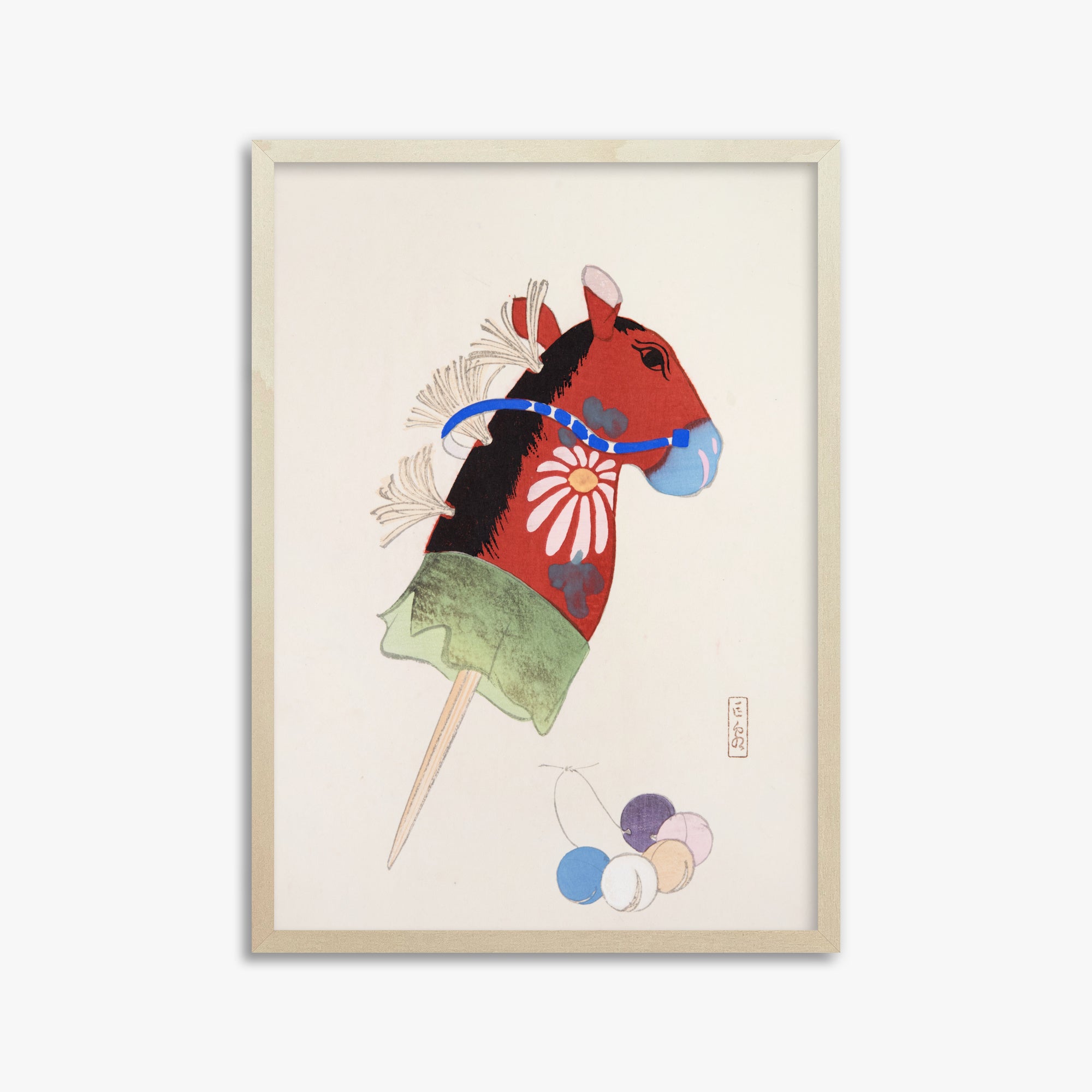 Kawasaki Kyosen: Kyosen’s Collected Illustrations of Japanese Toys Nr. 99 ("Folk Hobby Horse"), 50x70cm Framed Art Reproduction With Lime Wood Frame