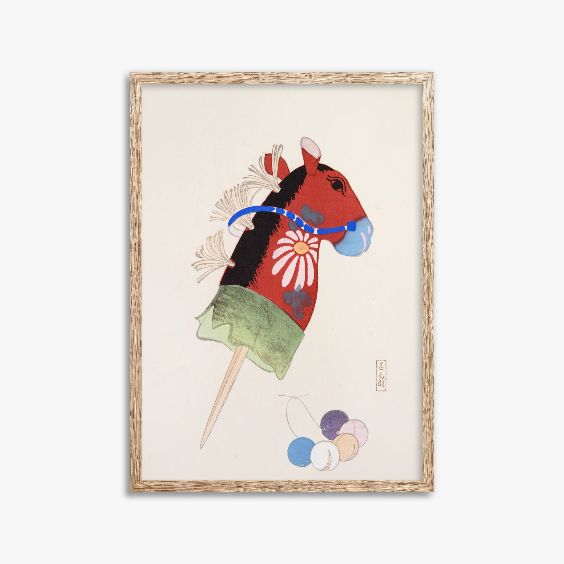 Kawasaki Kyosen: Kyosen’s Collected Illustrations of Japanese Toys Nr. 99 ("Folk Hobby Horse"), 50x70cm Framed Art Reproduction With Raw Oak Frame