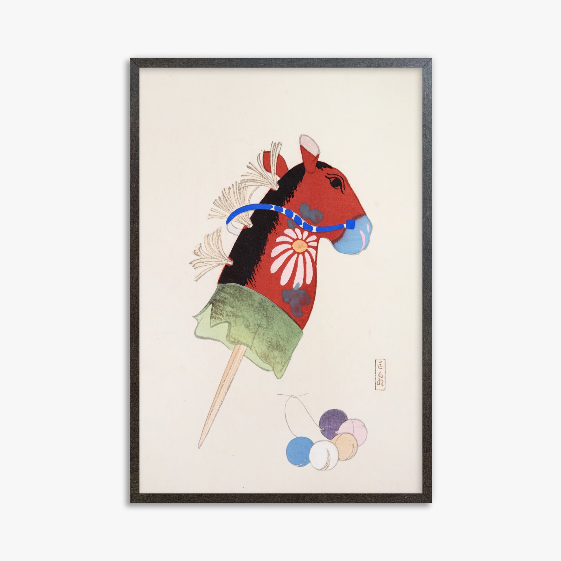 Kawasaki Kyosen: Kyosen’s Collected Illustrations of Japanese Toys Nr. 99 ("Folk Hobby Horse"), 61x91cm Framed Art Reproduction With Espresso Frame