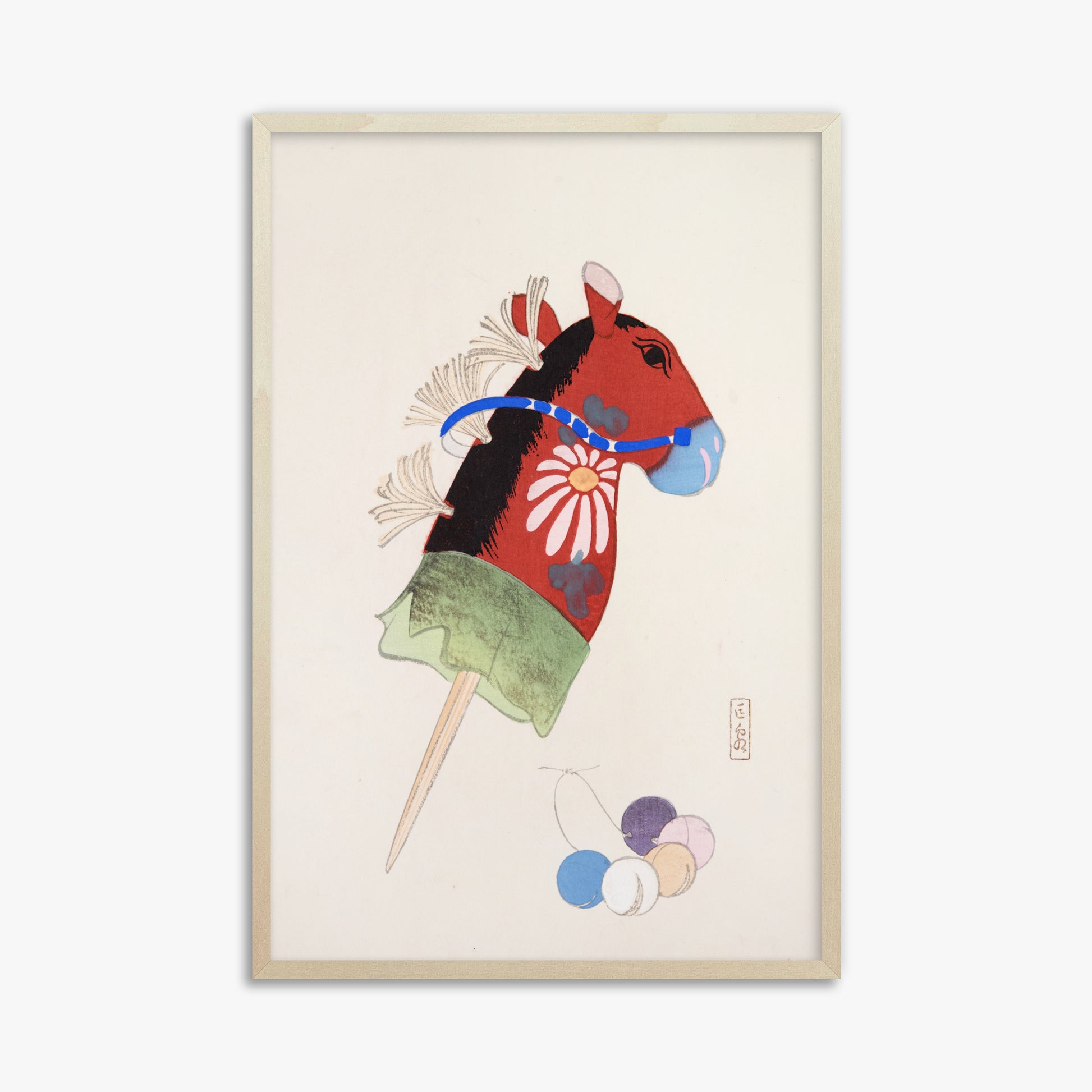 Kawasaki Kyosen: Kyosen’s Collected Illustrations of Japanese Toys Nr. 99 ("Folk Hobby Horse"), 61x91cm Framed Art Reproduction With Lime Wood Frame