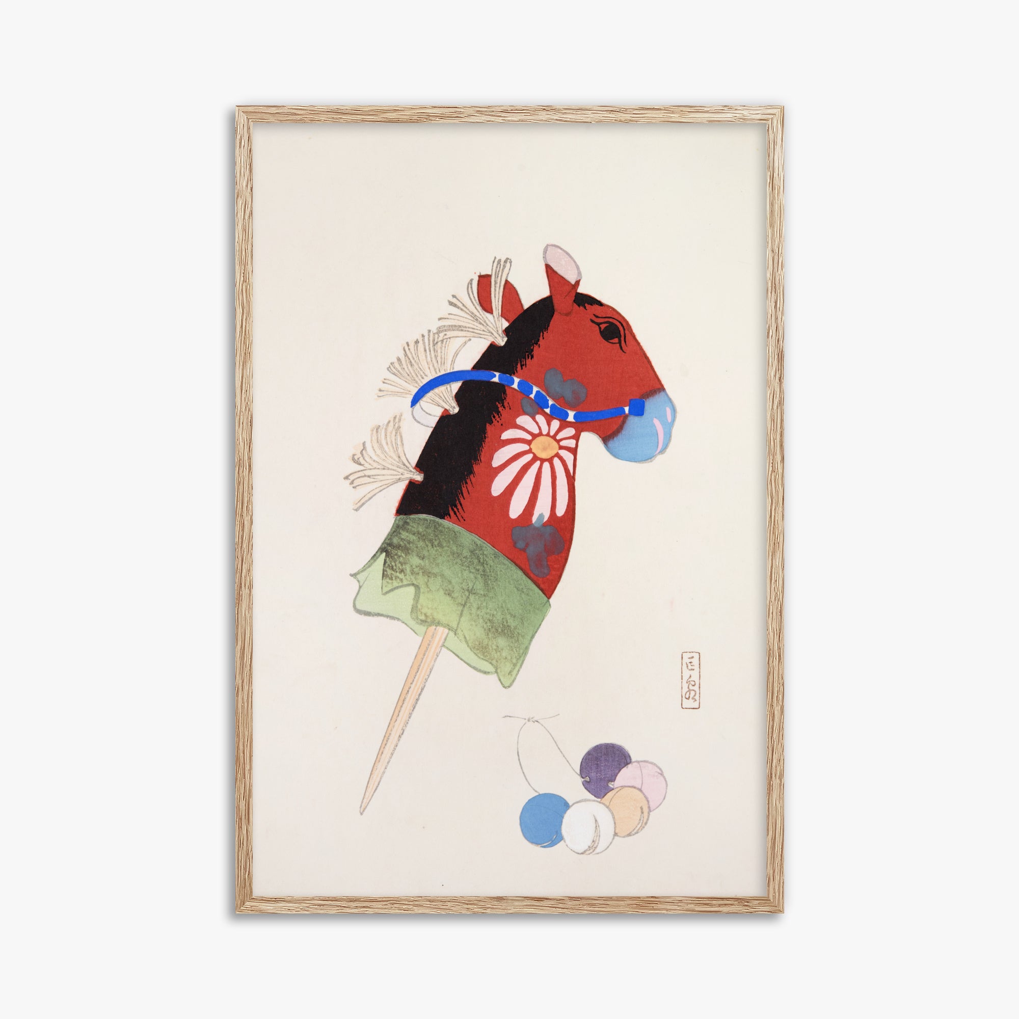 Kawasaki Kyosen: Kyosen’s Collected Illustrations of Japanese Toys Nr. 99 ("Folk Hobby Horse"), 61x91cm Framed Art Reproduction With Raw Oak Frame