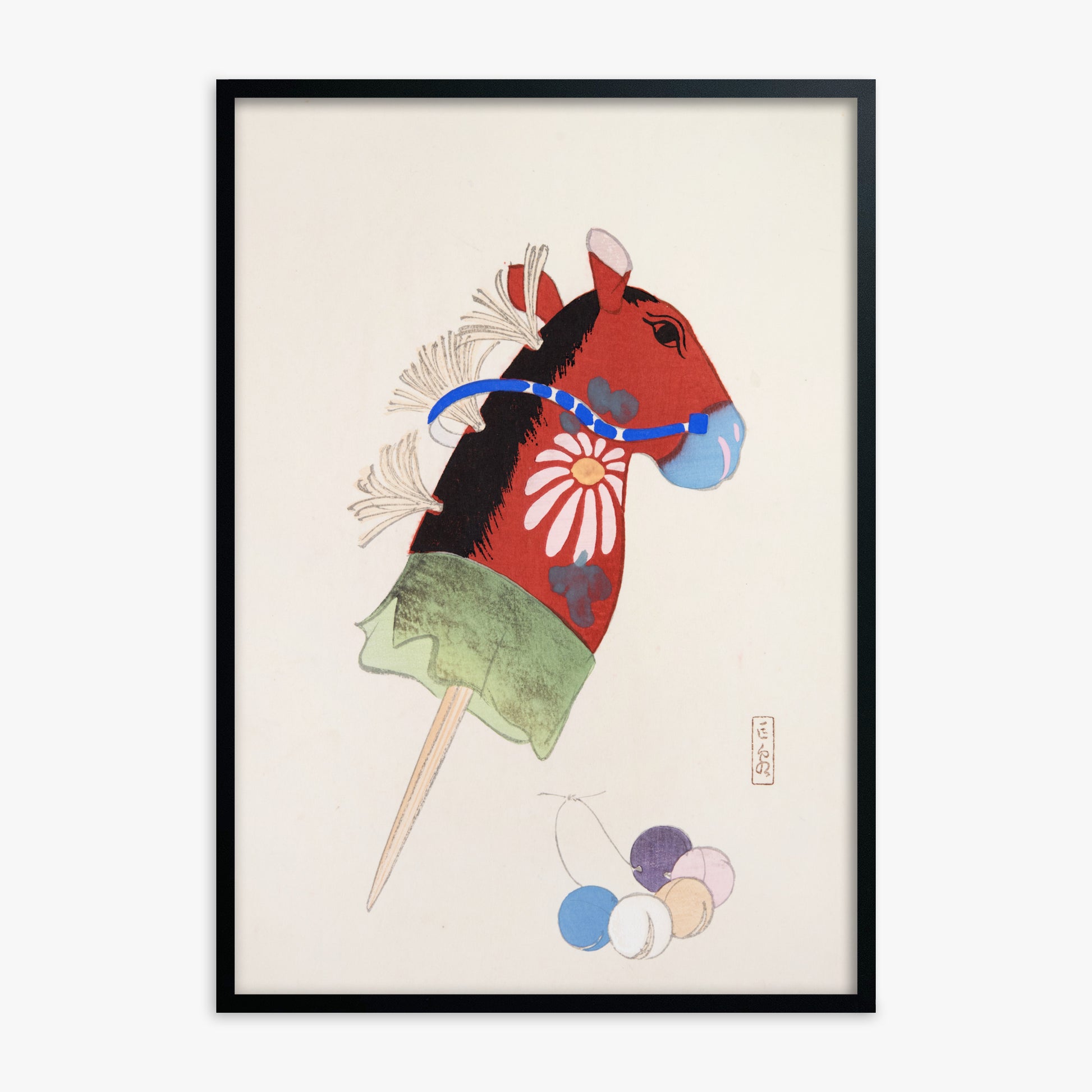 Kawasaki Kyosen: Kyosen’s Collected Illustrations of Japanese Toys Nr. 99 ("Folk Hobby Horse"), Black Framed Art Reproduction With Black Frame