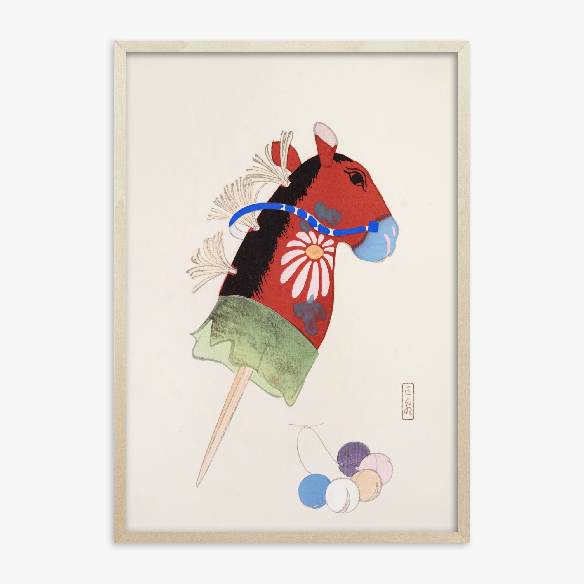 Kawasaki Kyosen: Kyosen’s Collected Illustrations of Japanese Toys Nr. 99 ("Folk Hobby Horse"), 70x100cm Framed Art Reproduction With Lime Wood Frame