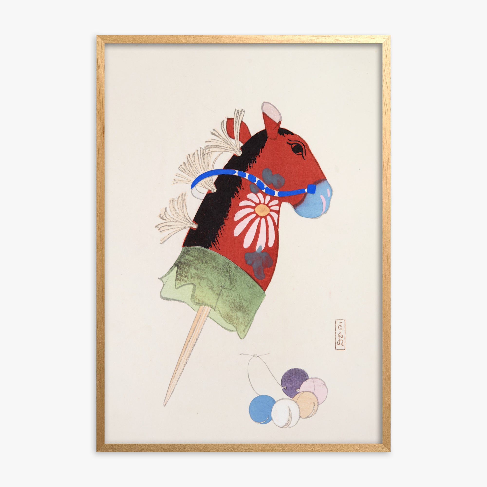 Kawasaki Kyosen: Kyosen’s Collected Illustrations of Japanese Toys Nr. 99 ("Folk Hobby Horse"), Oak Framed Art Reproduction With Oak Frame