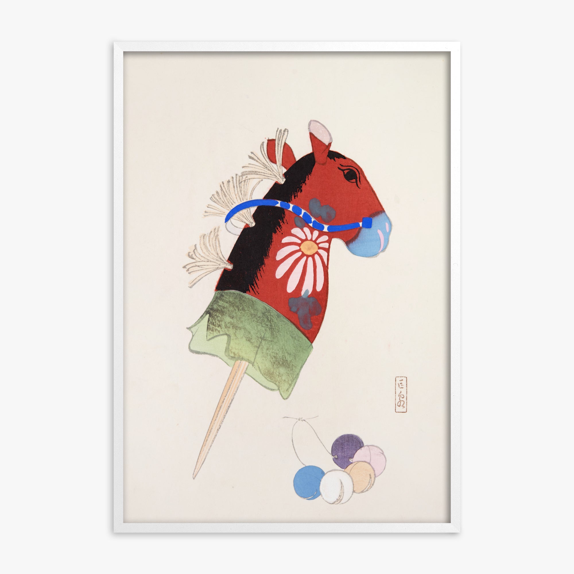 Kawasaki Kyosen: Kyosen’s Collected Illustrations of Japanese Toys Nr. 99 ("Folk Hobby Horse"), White Framed Art Reproduction With White Frame