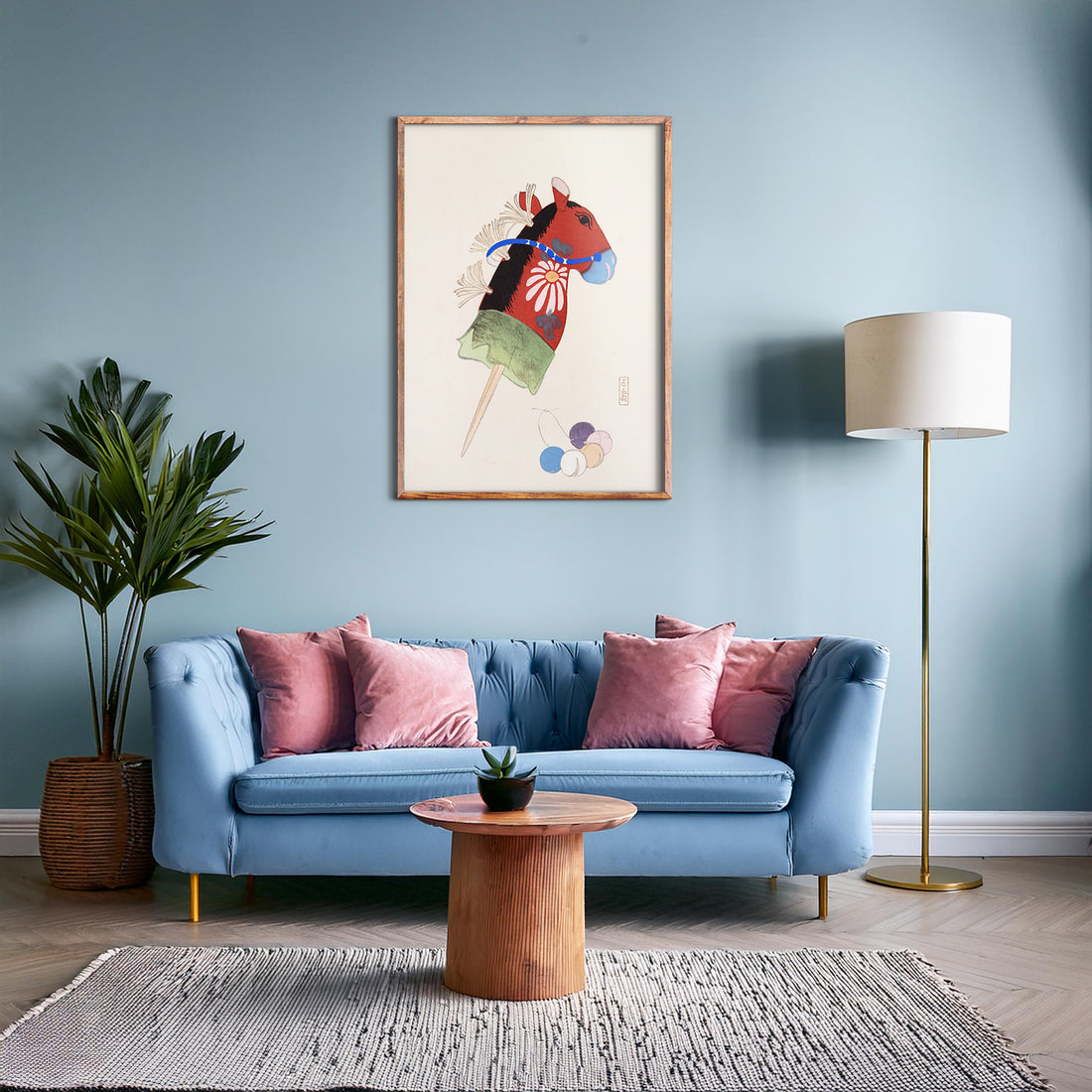 Kawasaki Kyosen: Kyosen’s Collected Illustrations of Japanese Toys Nr. 99 ("Folk Hobby Horse"), 50x70cm Framed Art Reproduction With Black Frame