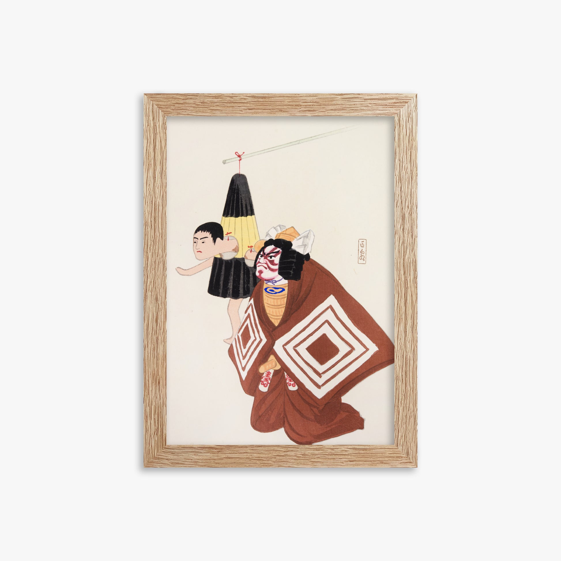 Kawasaki Kyosen: Kyosen’s Collected Illustrations of Japanese Toys Nr. 100 ("Kabuki Spirits: The Puppet Master's Tale"), 21x30cm Framed Art Reproduction With Raw Oak Frame