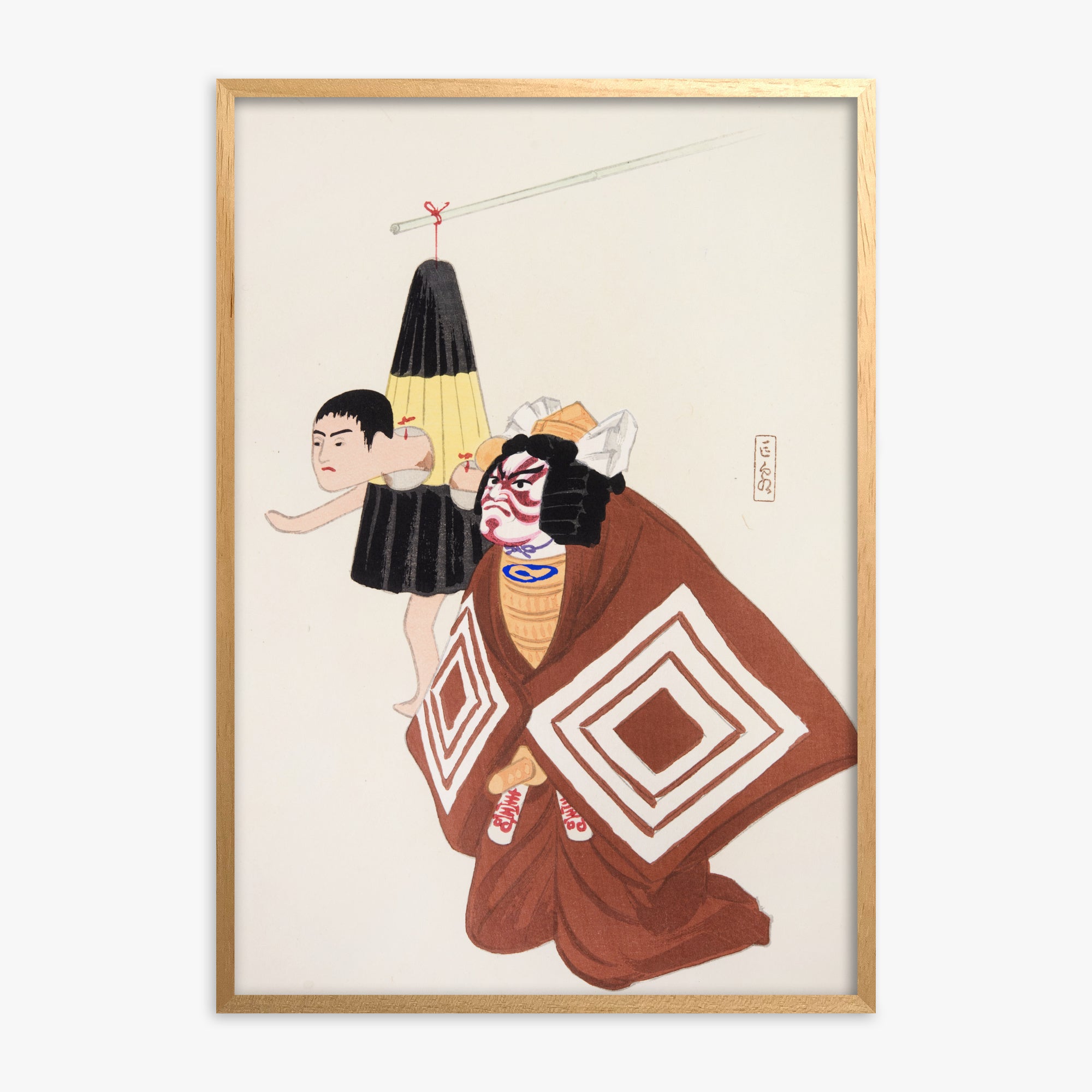 Kawasaki Kyosen: Kyosen’s Collected Illustrations of Japanese Toys Nr. 100 ("Kabuki Spirits: The Puppet Master's Tale"), Oak Framed Art Reproduction With Oak Frame