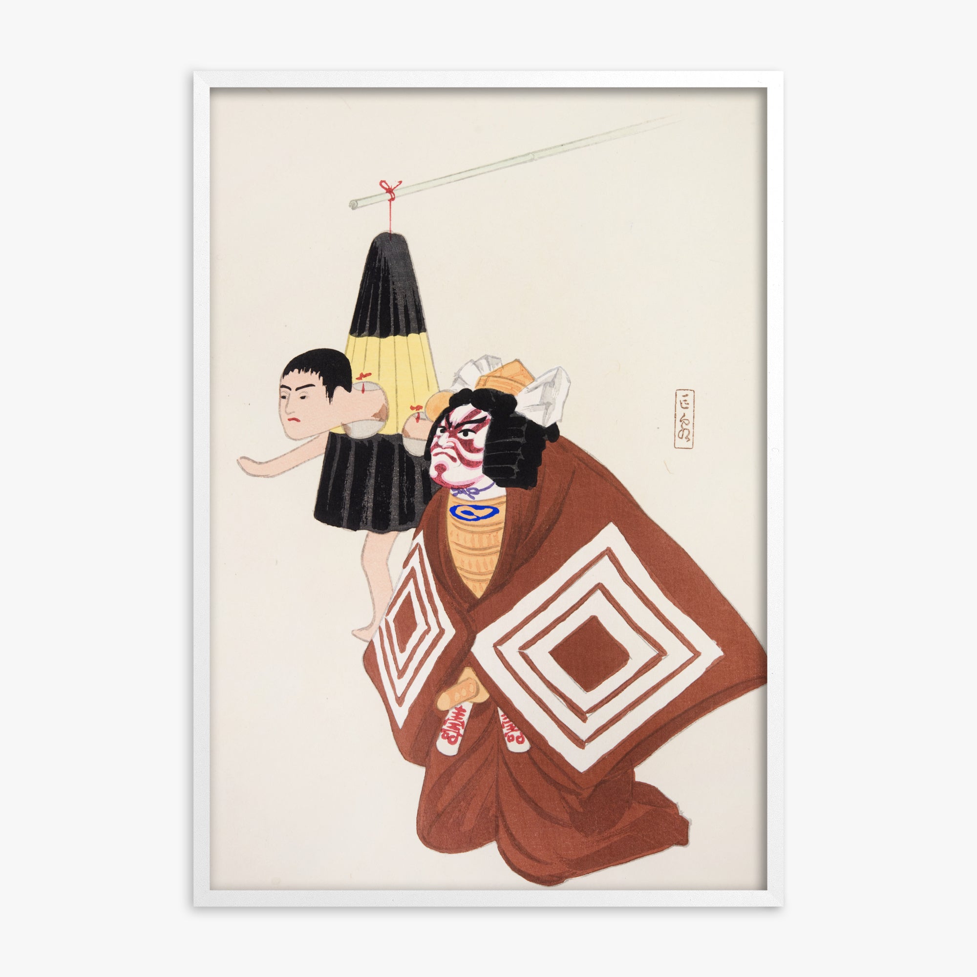 Kawasaki Kyosen: Kyosen’s Collected Illustrations of Japanese Toys Nr. 100 ("Kabuki Spirits: The Puppet Master's Tale"), White Framed Art Reproduction With White Frame