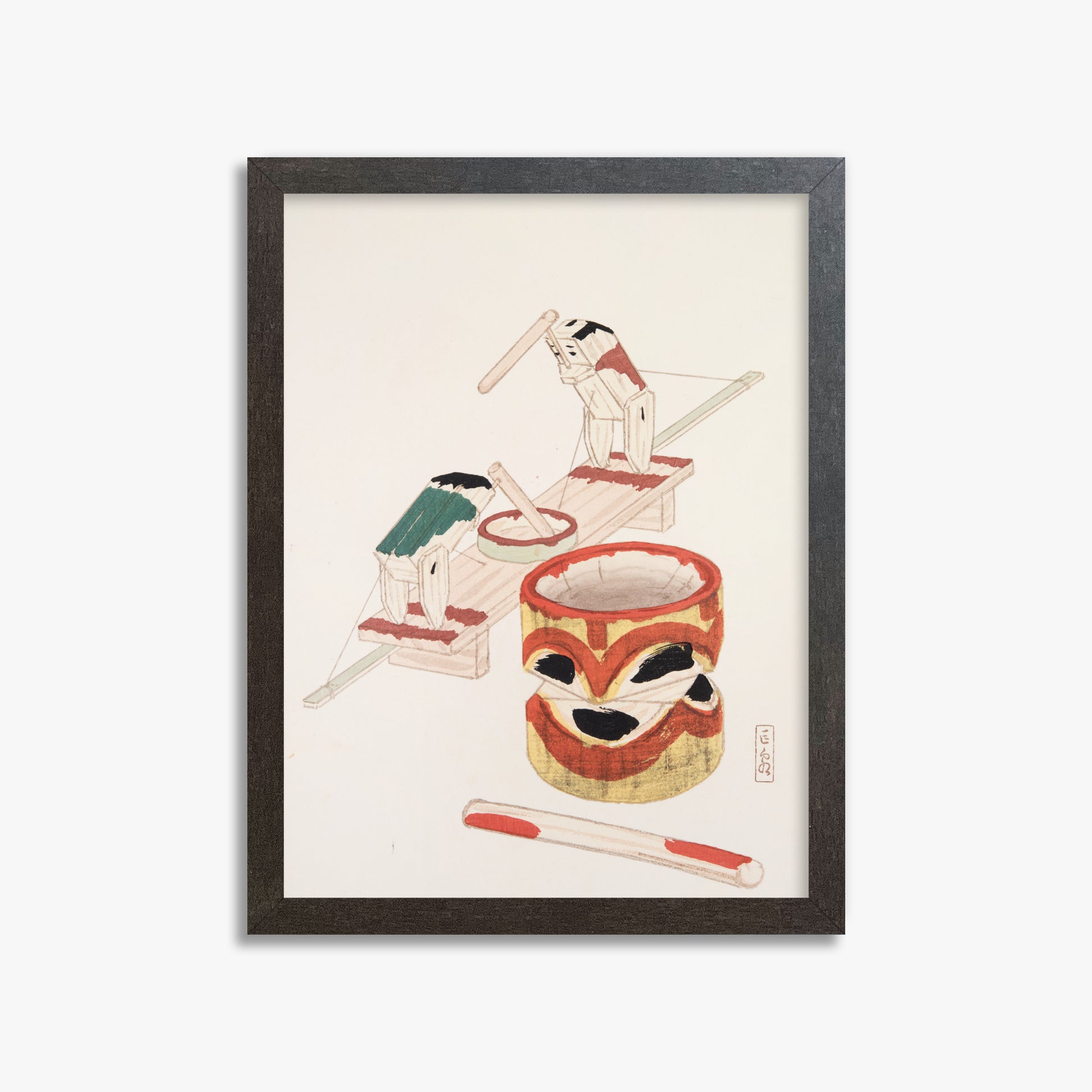 Kawasaki Kyosen: Kyosen’s Collected Illustrations of Japanese Toys Nr. 101 ("Edo Playthings"), 30x40cm Framed Art Reproduction With Espresso Frame