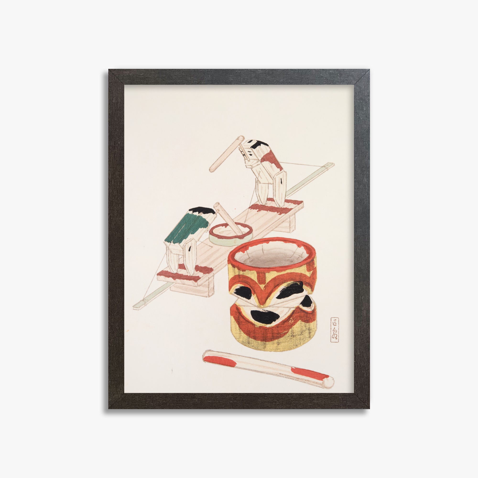Kawasaki Kyosen: Kyosen’s Collected Illustrations of Japanese Toys Nr. 101 ("Edo Playthings"), 30x40cm Framed Art Reproduction With Espresso Frame