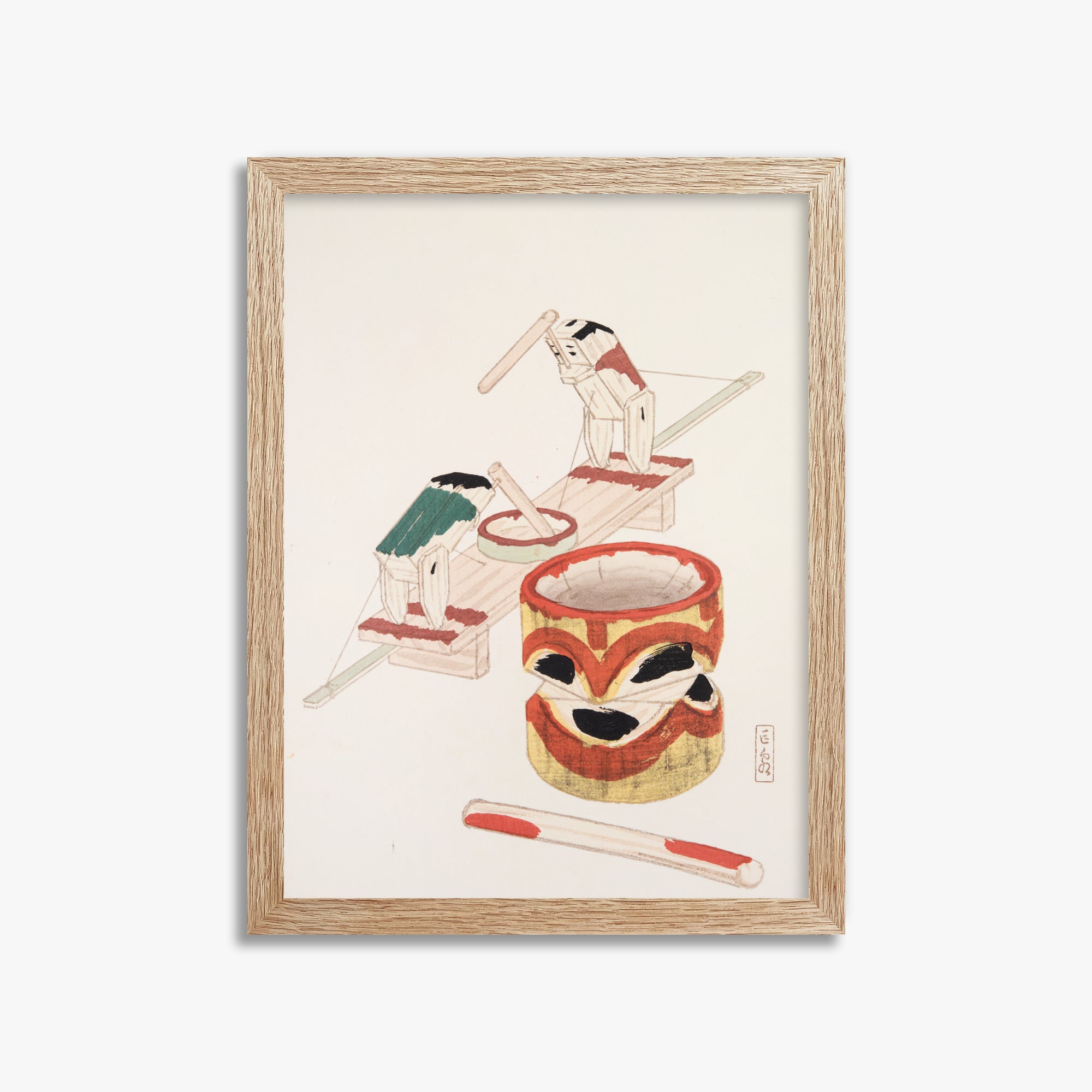 Kawasaki Kyosen: Kyosen’s Collected Illustrations of Japanese Toys Nr. 101 ("Edo Playthings"), 30x40cm Framed Art Reproduction With Raw Oak Frame