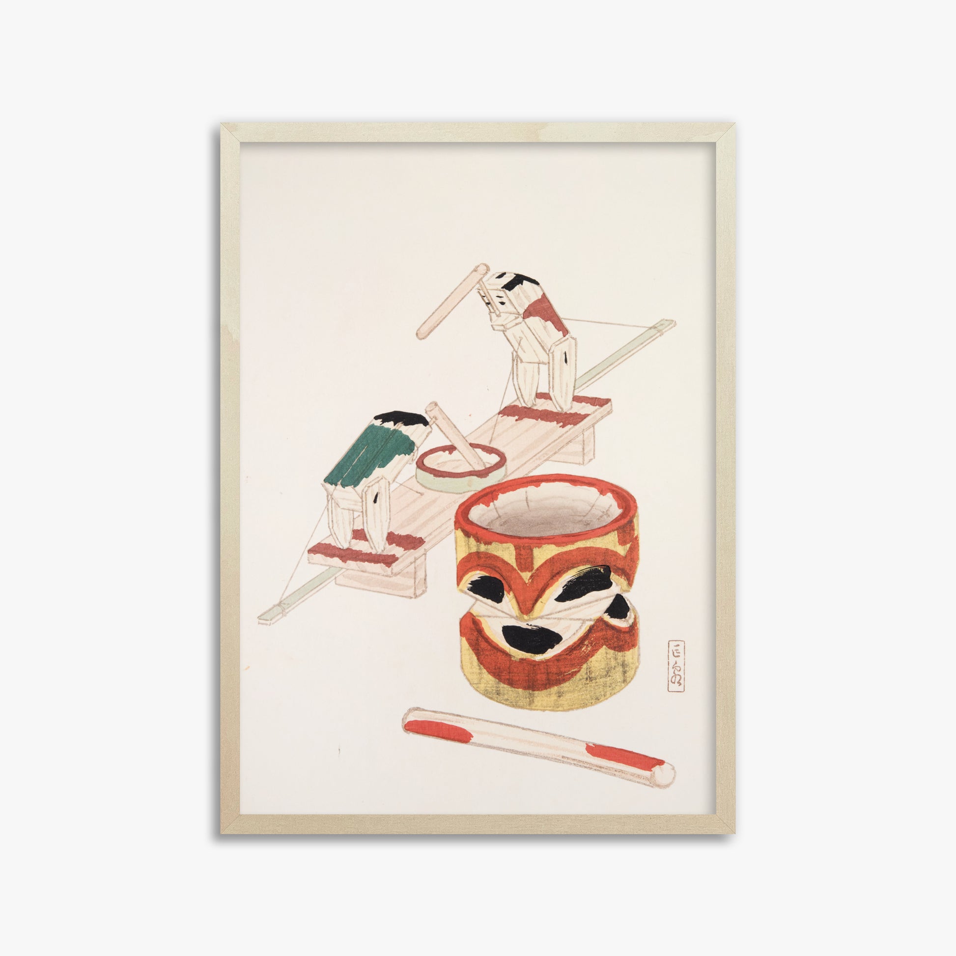 Kawasaki Kyosen: Kyosen’s Collected Illustrations of Japanese Toys Nr. 101 ("Edo Playthings"), 50x70cm Framed Art Reproduction With Lime Wood Frame