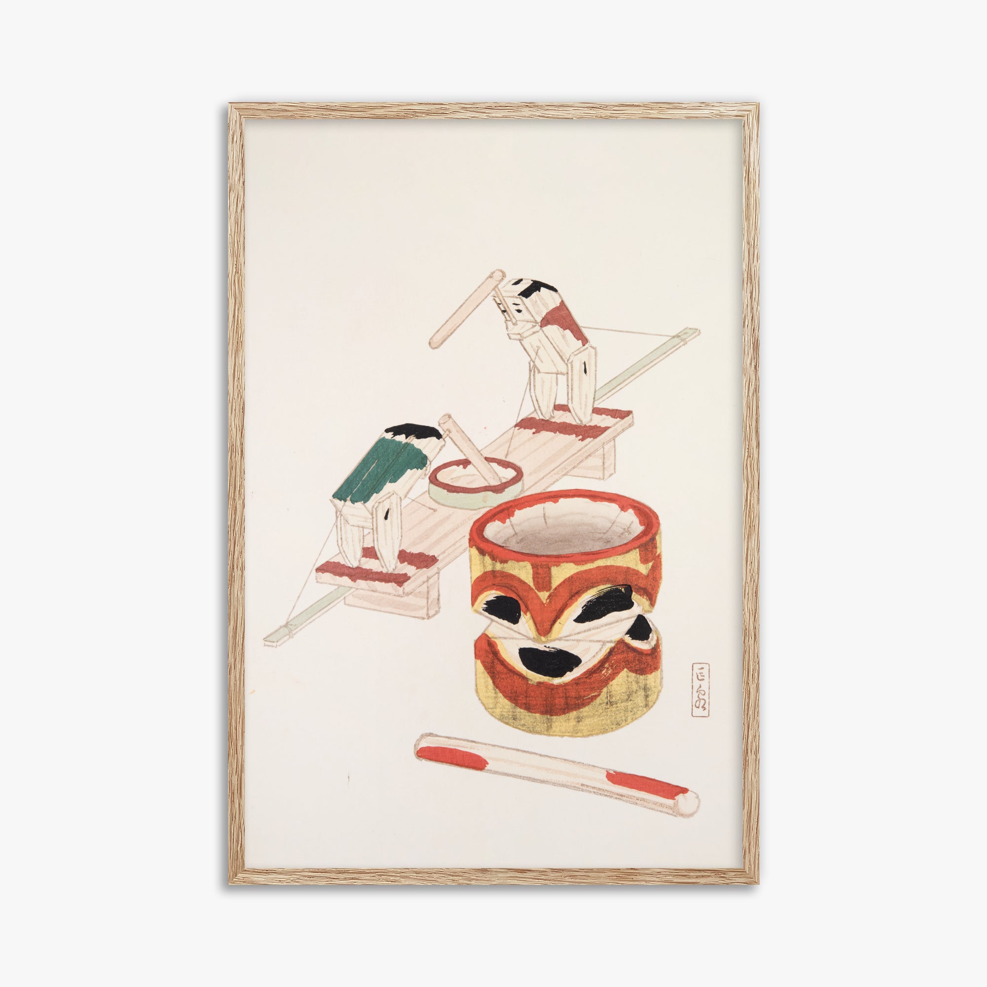 Kawasaki Kyosen: Kyosen’s Collected Illustrations of Japanese Toys Nr. 101 ("Edo Playthings"), 61x91cm Framed Art Reproduction With Raw Oak Frame