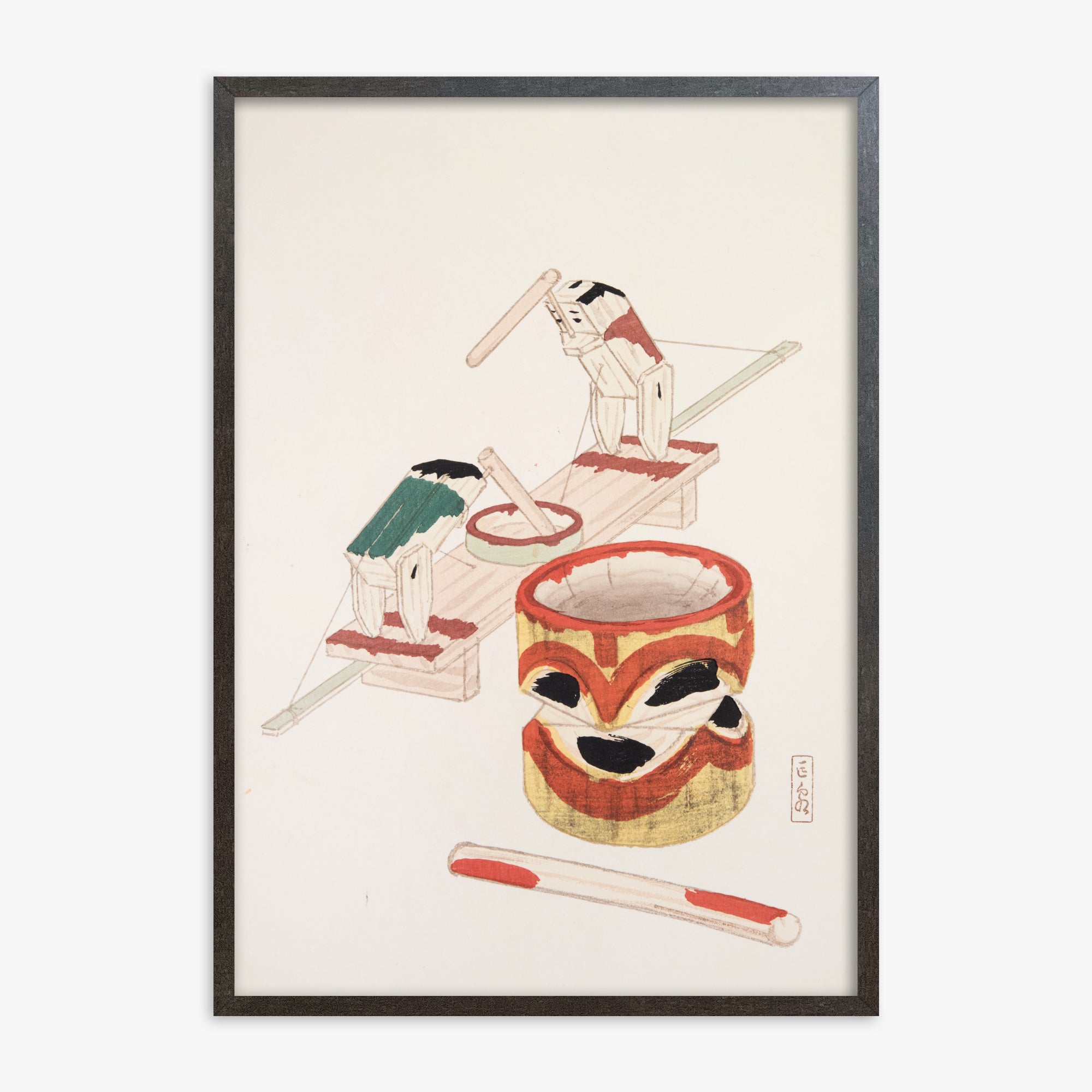Kawasaki Kyosen: Kyosen’s Collected Illustrations of Japanese Toys Nr. 101 ("Edo Playthings"), 70x100cm Framed Art Reproduction With Espresso Frame