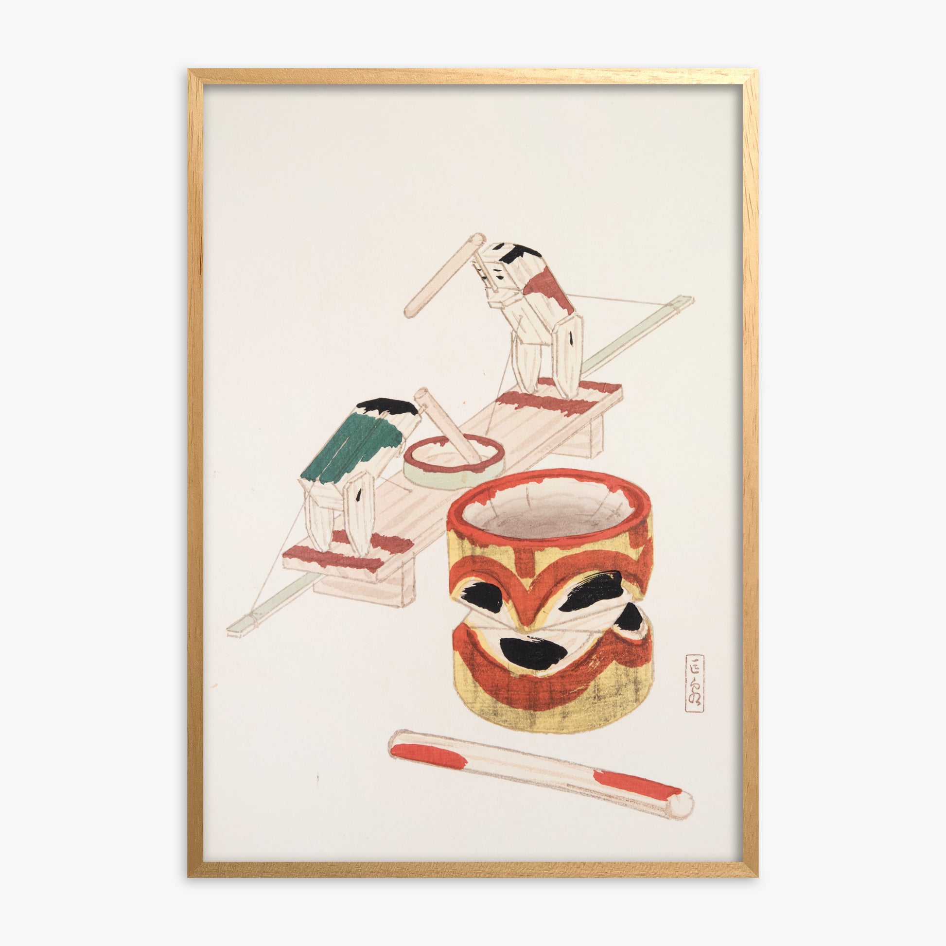 Kawasaki Kyosen: Kyosen’s Collected Illustrations of Japanese Toys Nr. 101 ("Edo Playthings"), Oak Framed Art Reproduction With Oak Frame