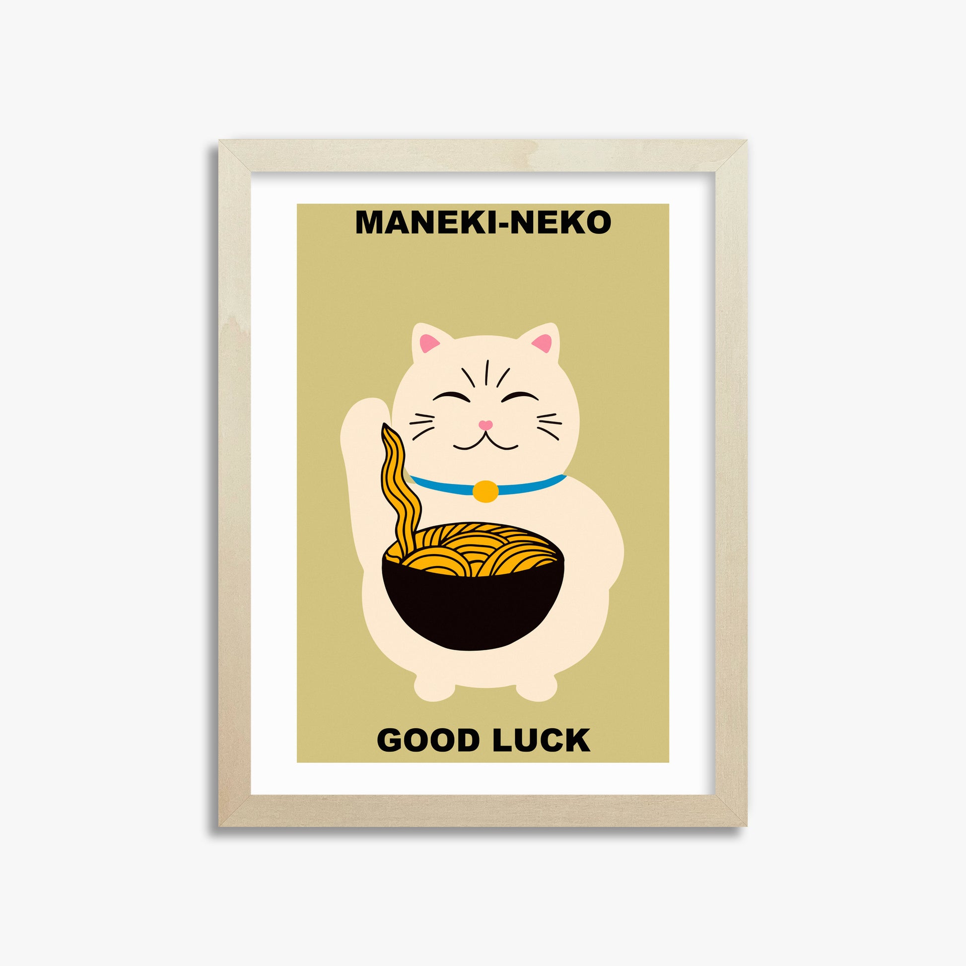 Ramen Lucky Cat, 30x40cm Framed Poster With Lime Wood Frame