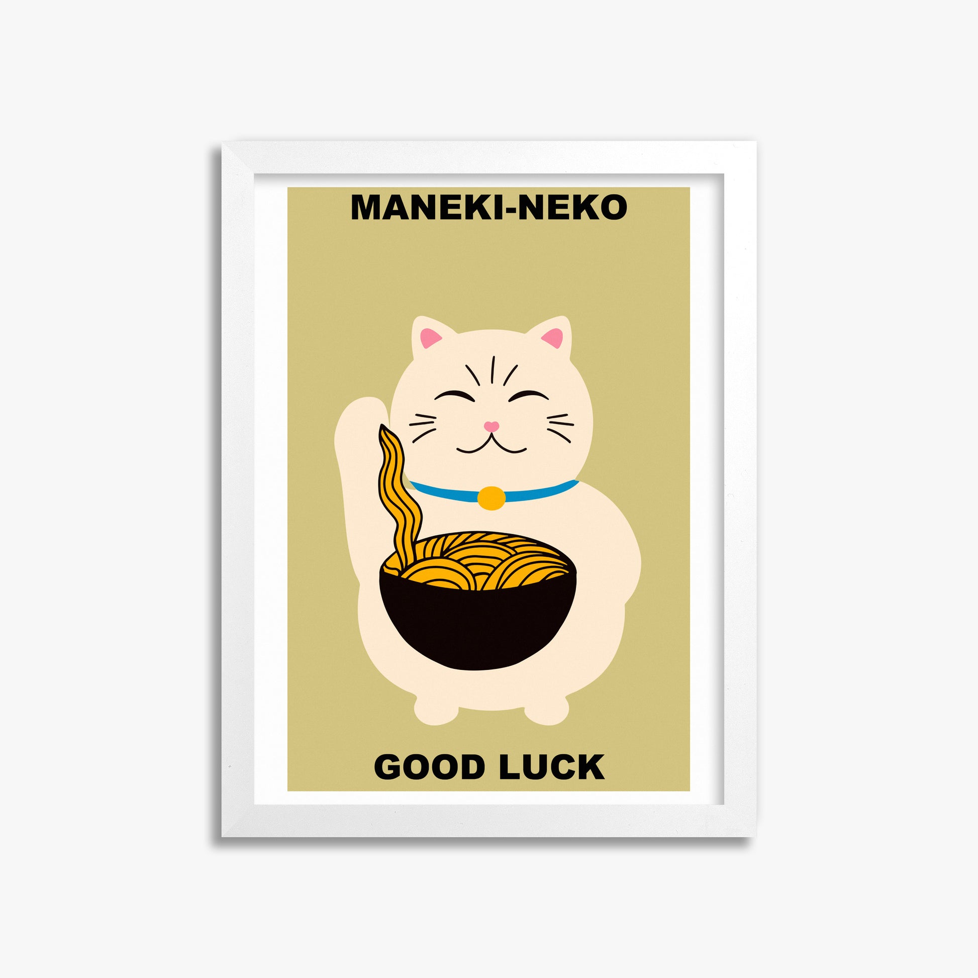 Ramen Lucky Cat, 30x40cm Framed Poster With White Frame